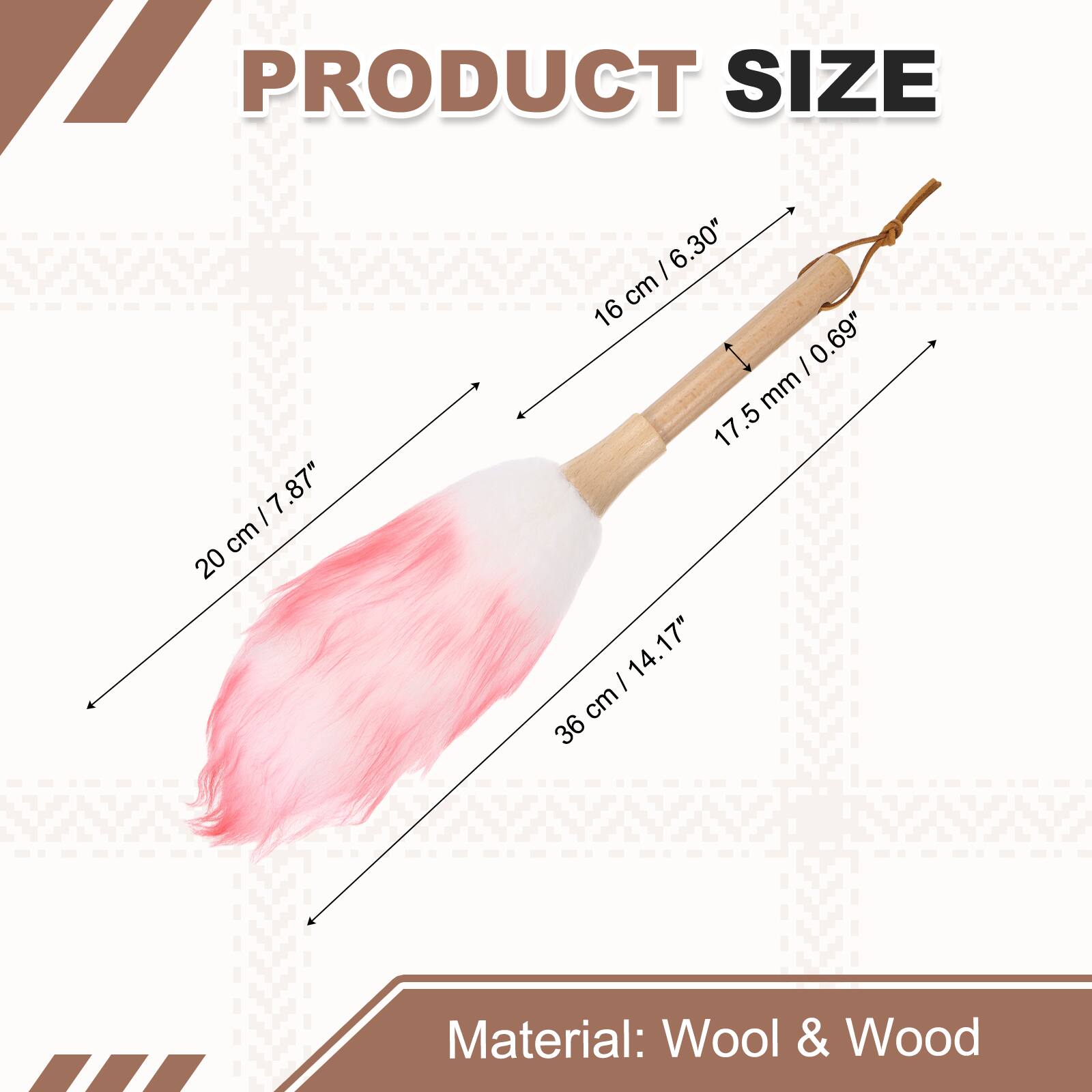 PRODUCT SIZE

- 20 cm / 7.87"
- 16 cm / 6.30"
- 17.5 mm / 0.69"
- 36 cm / 14.17"

Material: Wool & Wood