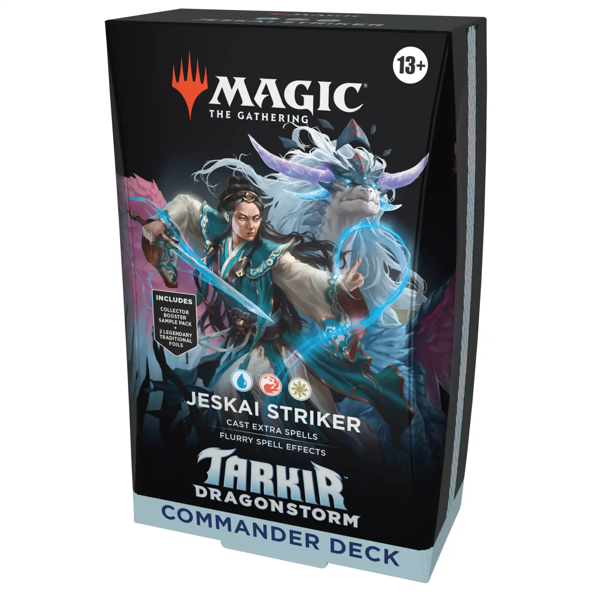 Magic the Gathering includes a booster sample pack, collector booster, and a commander deck. The deck features Jekai Striker and extra spells, as well as flurry spell effects and dragonstorm Tarkir commander.
