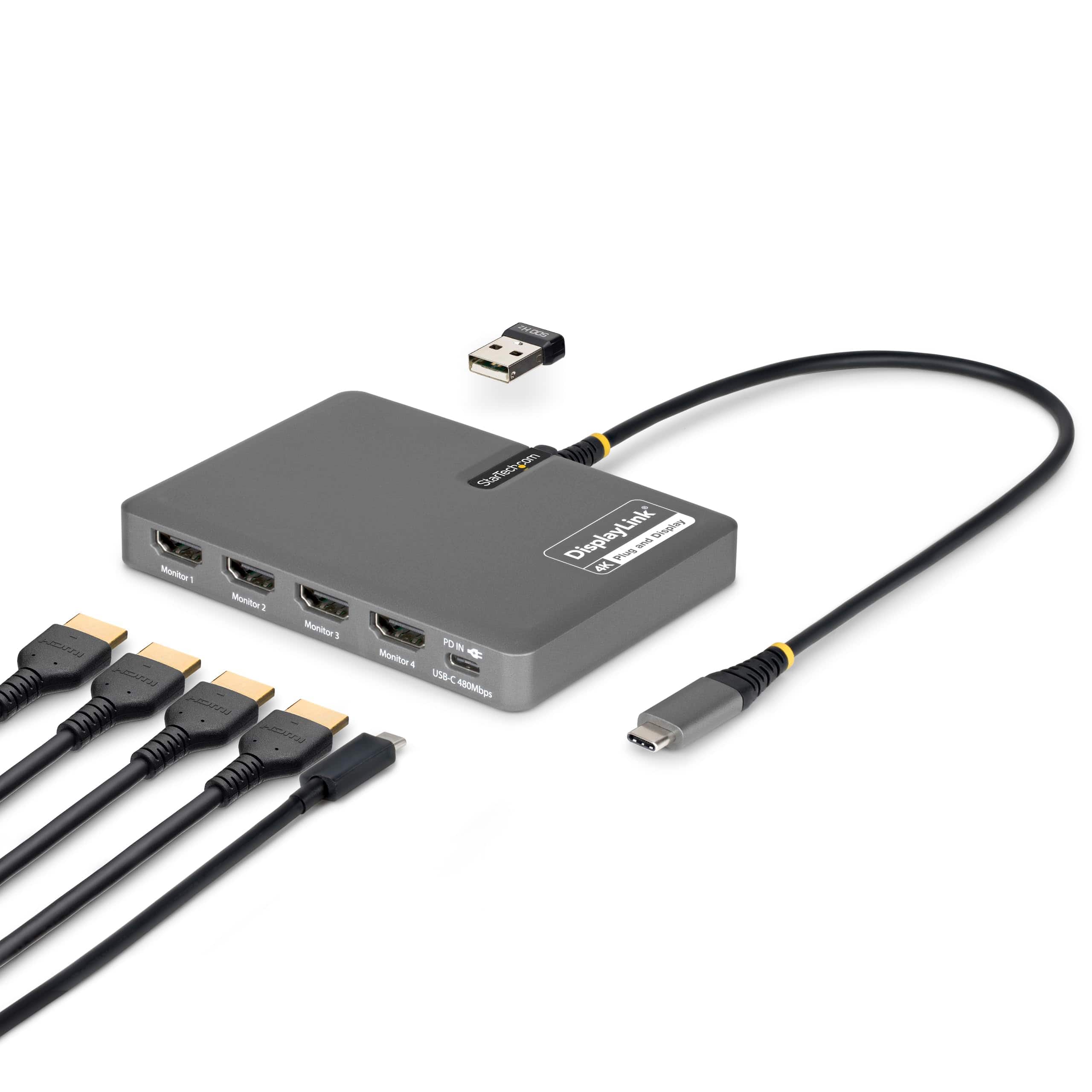 Startech - USB-C to Quad-Monitor Workstation Adapter, 4K 60Hz HDMI, 140W PD Passthrough for Laptop Charging, 1x USB 2.0 Port, TAA (