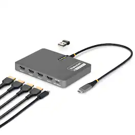 Startech - USB-C to Quad-Monitor Workstation Adapter, 4K 60Hz HDMI, 140W PD Passthrough for Laptop Charging, 1x USB 2.0 Port, TAA (