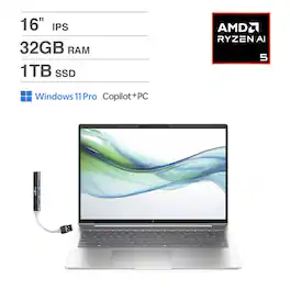 HP - ProBook 465 Laptop 16.0 WUXGA (AMD Ryzen 5 7535U, 32GB DDR5, 1TB PCIe SSD, Win 11 Pro) w/USB Hub - Pike Silver