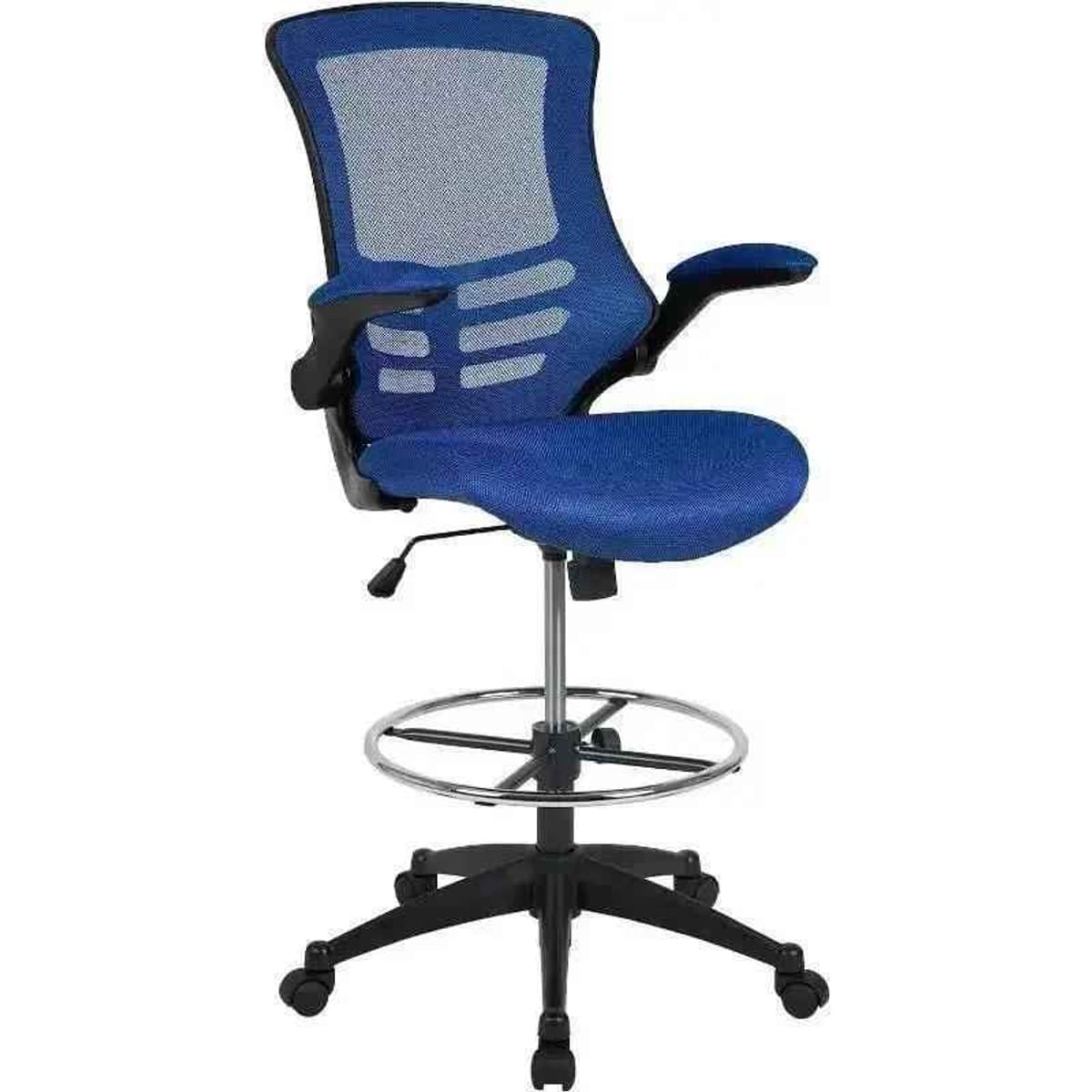Angle. Emma + Oliver - Mid-Back Mesh Ergonomic Drafting Chair with Foot Ring and Flip-Up Arms - Red Mesh/Black Frame.