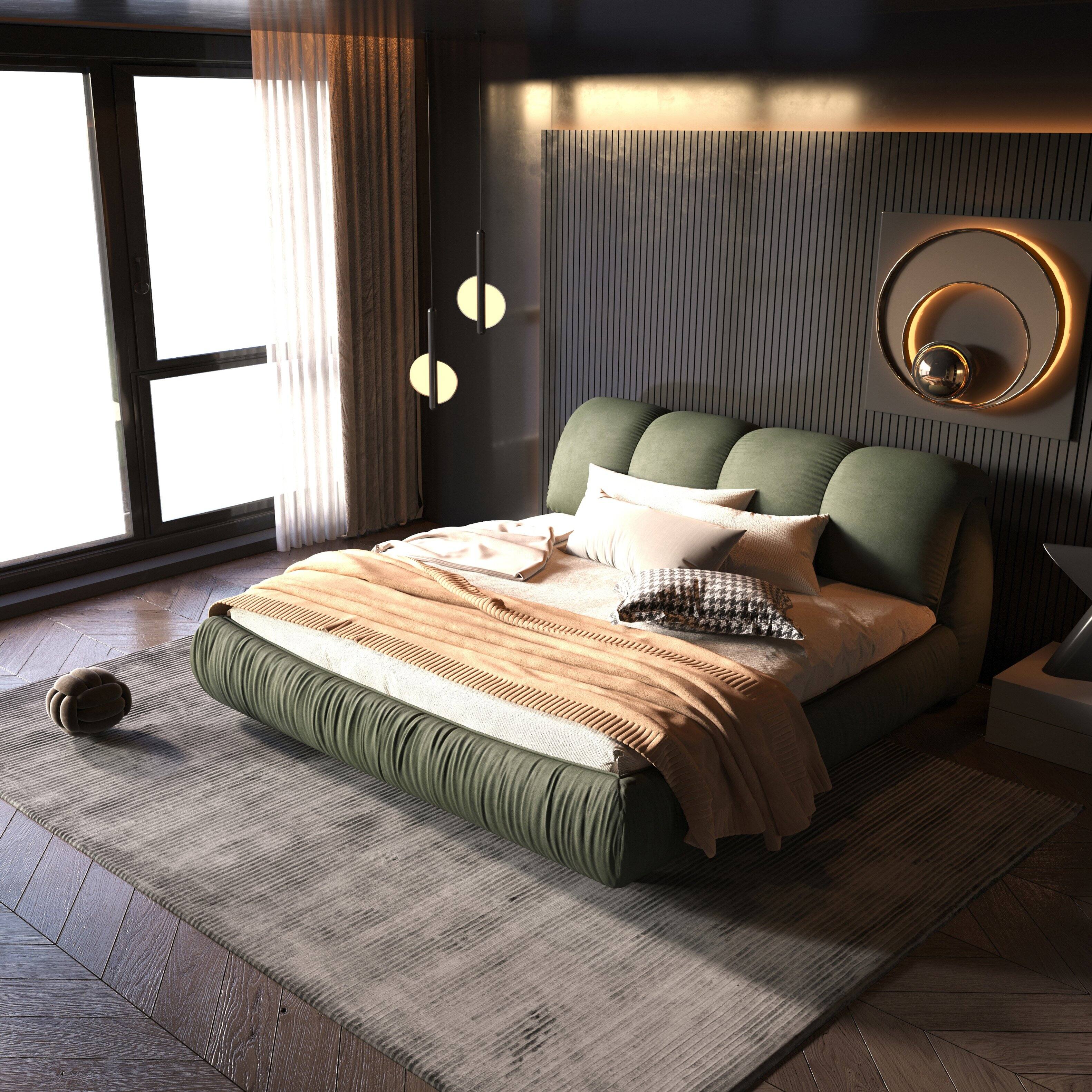 Left. Anysun - Queen Upholstered Platform Bed with Oversized Padded Backrest & Solid Wood Frame - Green.