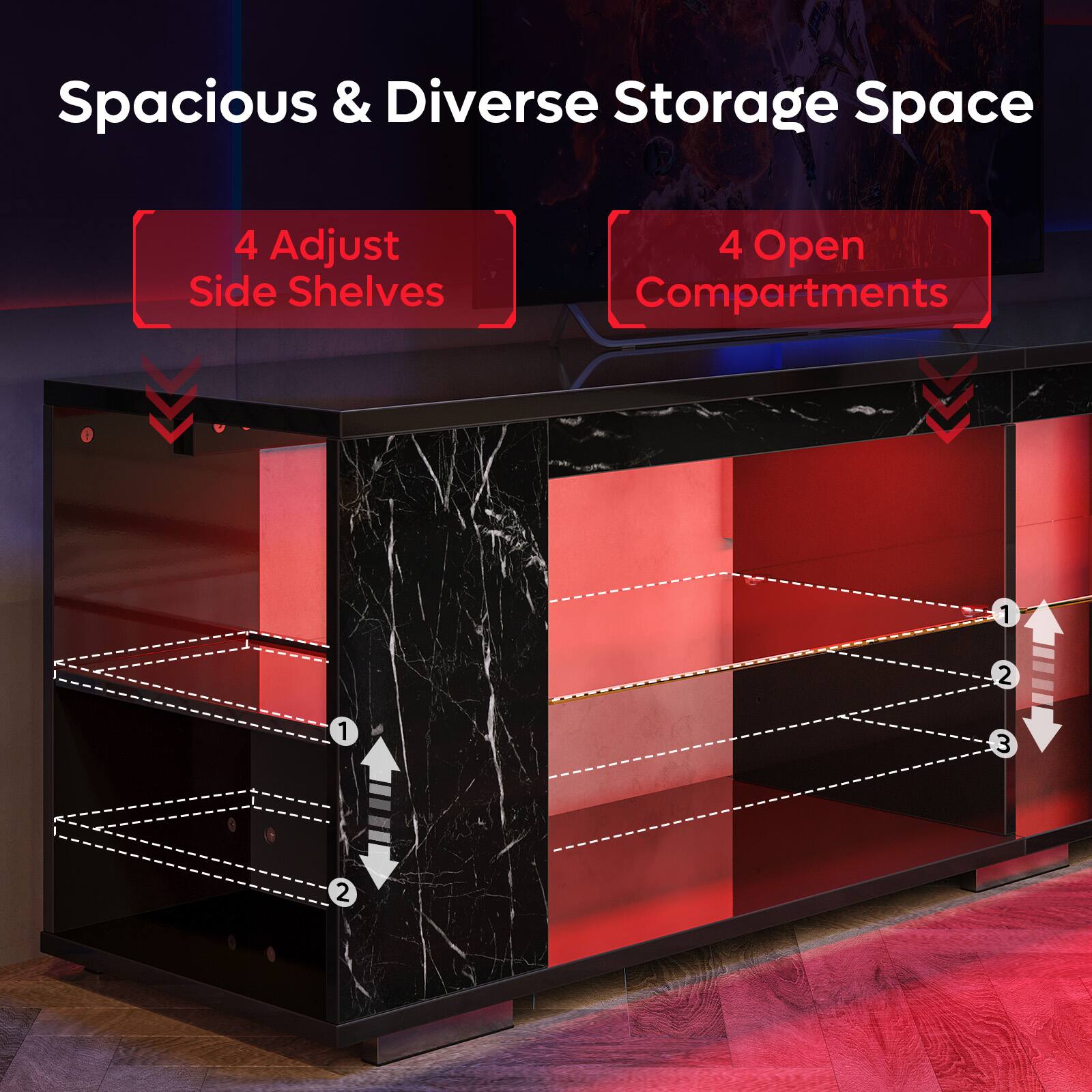 Spacious & Diverse Storage Space

4 Adjust Side Shelves

4 Open Compartments

1
2
3