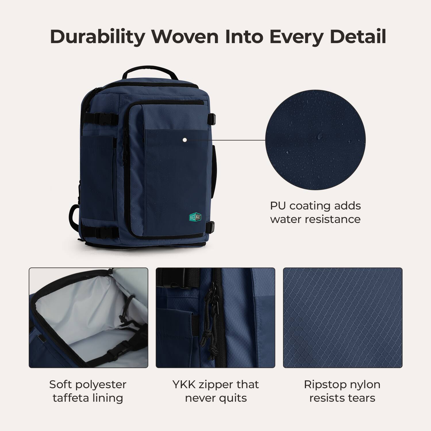 Durability Woven Into Every Detail

- PU coating adds water resistance
- Soft polyester taffeta lining
- YKK zipper that never quits
- Ripstop nylon resists tears