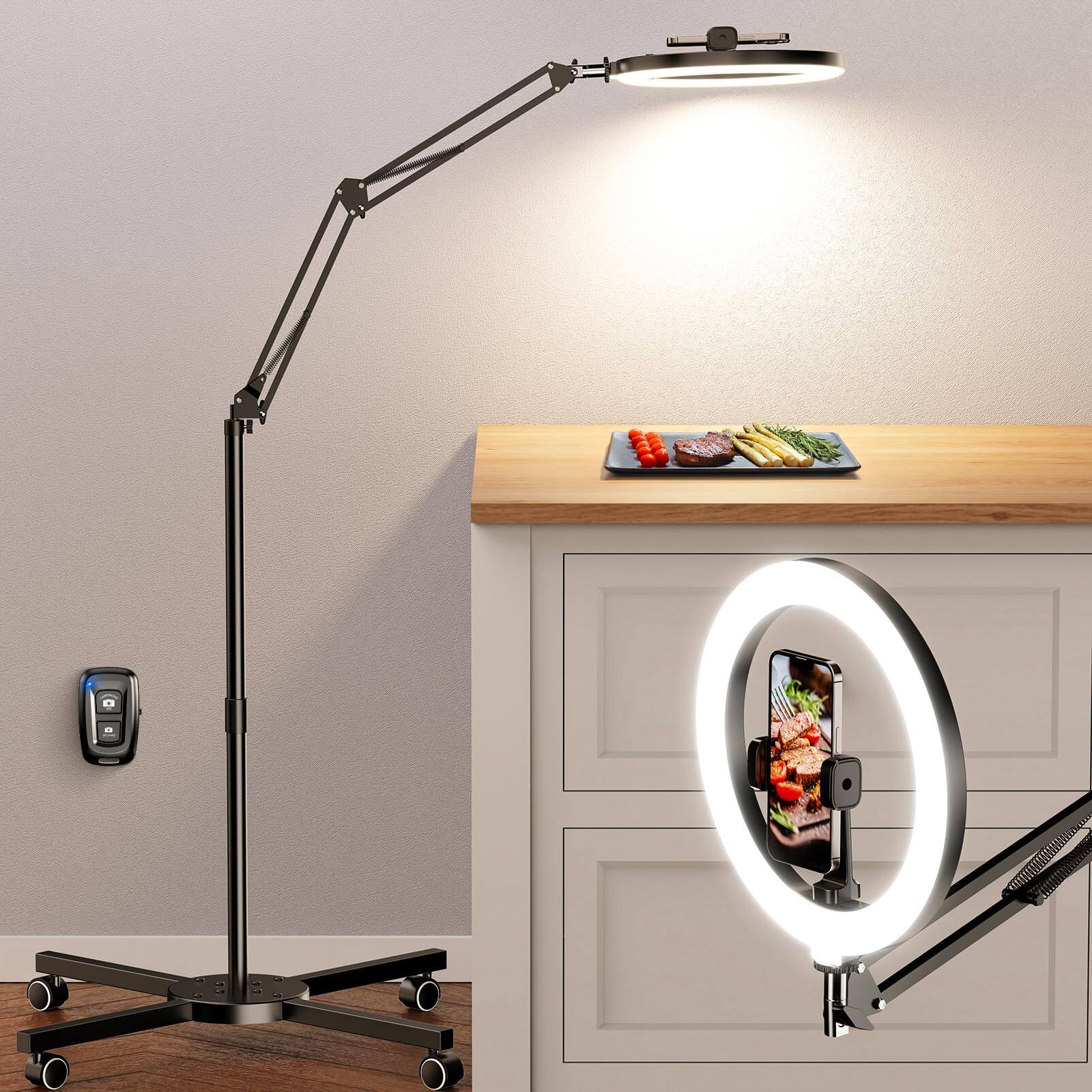Front. PO3TICJUNKI3 - Ring Light With Stand For Desk Overhead Phone Mount 10  Tripod And Remote Phones Holder Video Recording Live - Tripod with Casters.