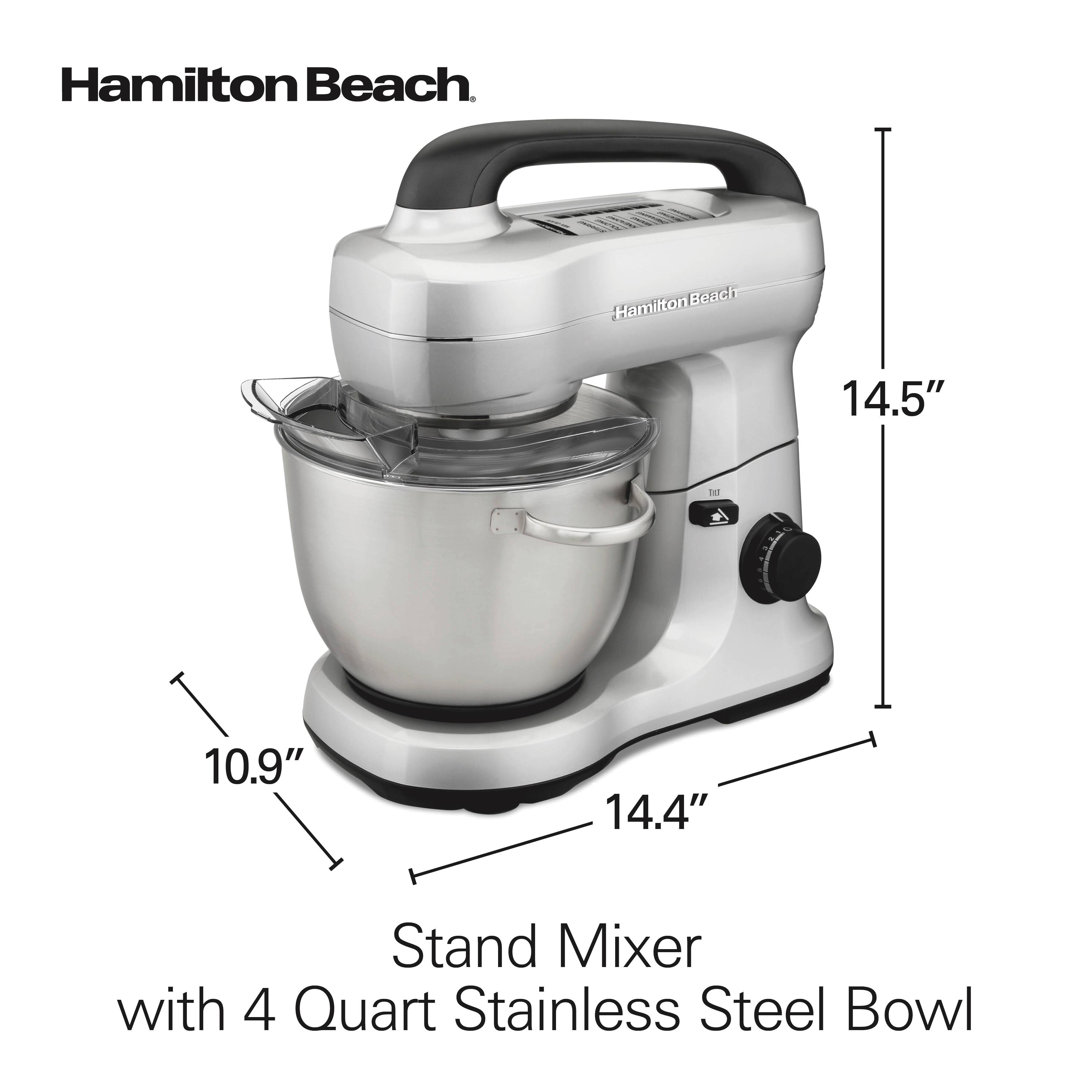 Hamilton Beach Stand Mixer with 4 Quart Stainless Steel Bowl

Dimensions:
- Height: 14.5"
- Width: 14.4"
- Depth: 10.9"