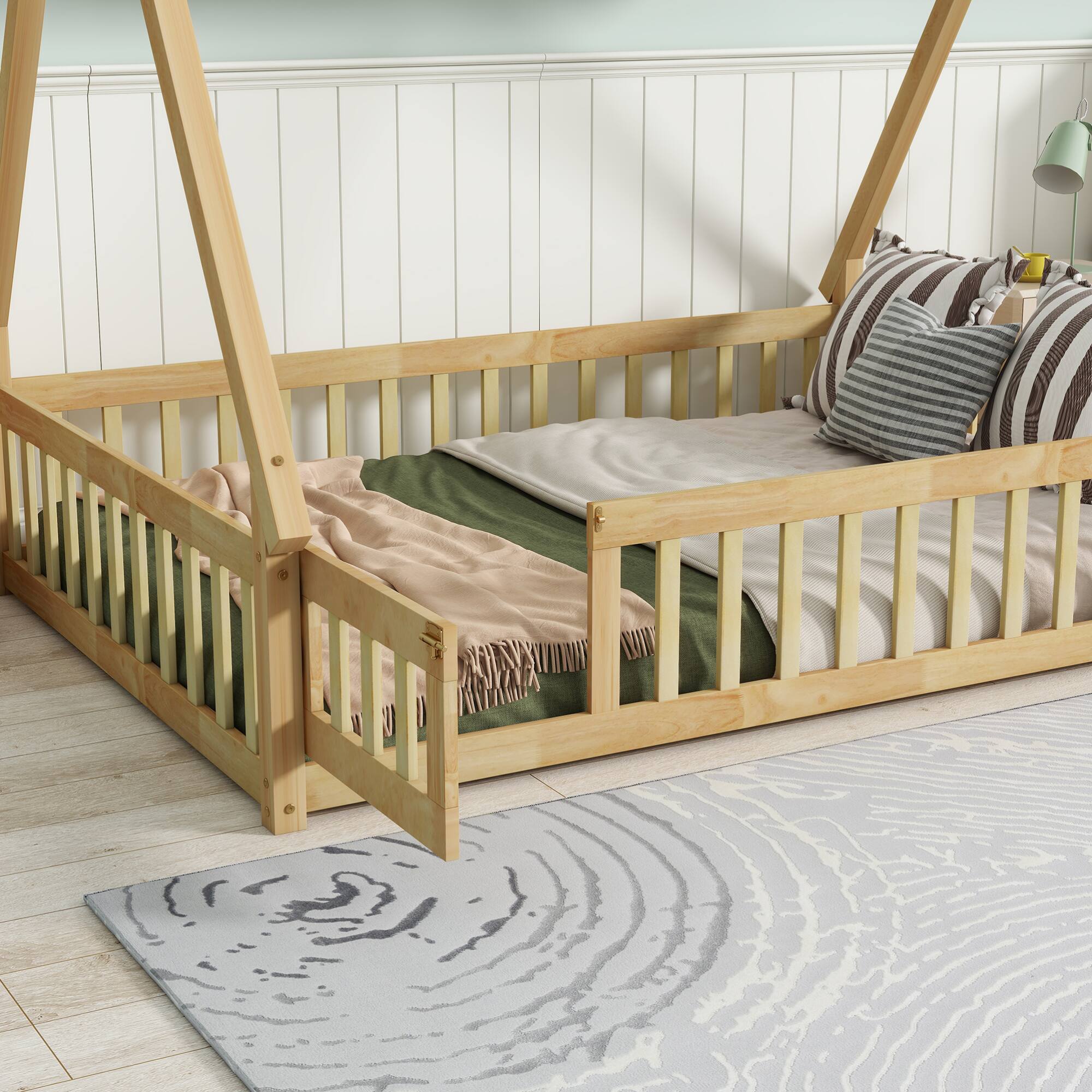 Alt View 9. GOODSILO - Full Size Tent-Shaped Wooden Floor Bed with Guardrails, Slats, and Entry Door - Natural.