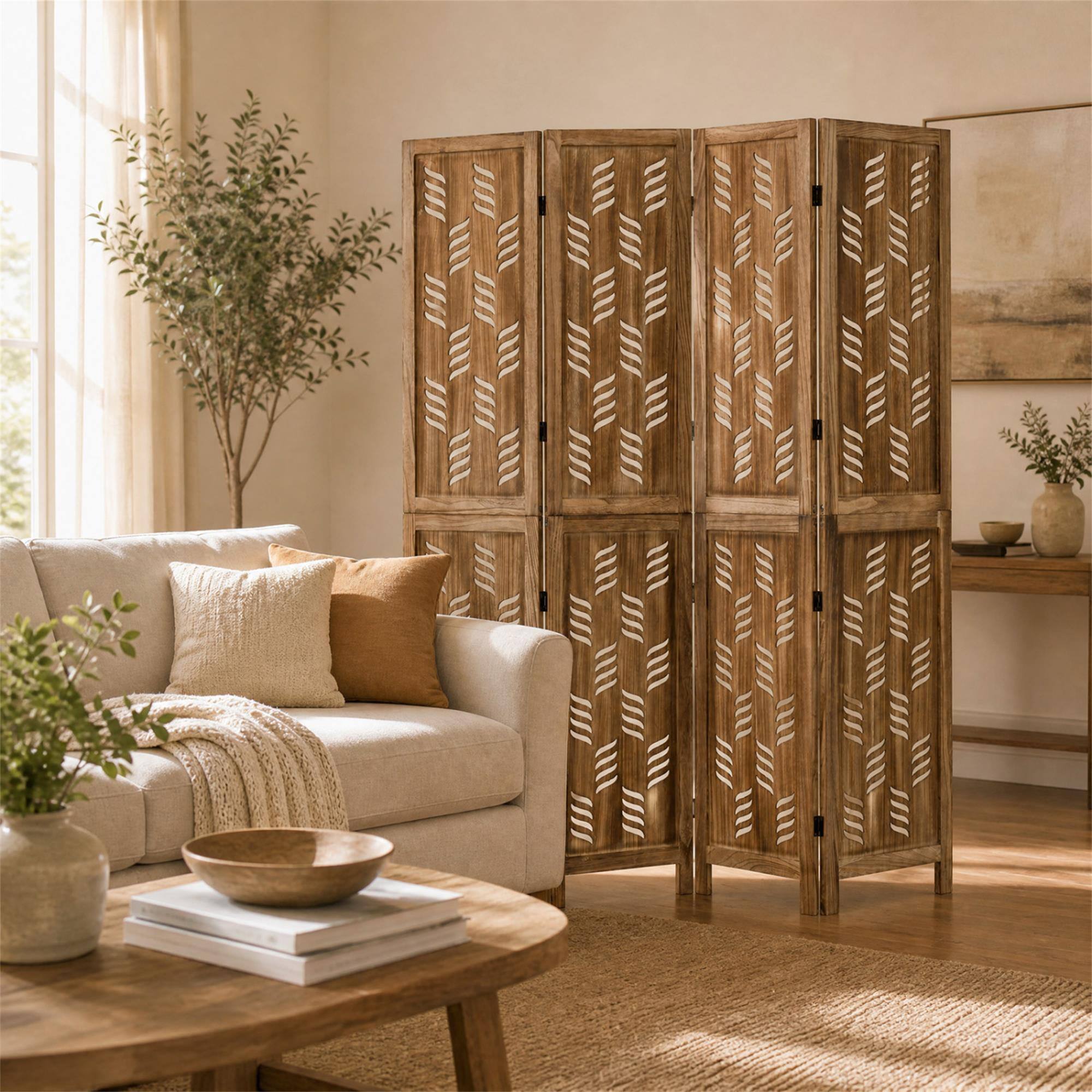 Alt View 1. Boyel Living - 5.5 FT Tall Room Divider 4 Panels with Wave Cutout & Paulownia Frame for Room-Brown - Brown.