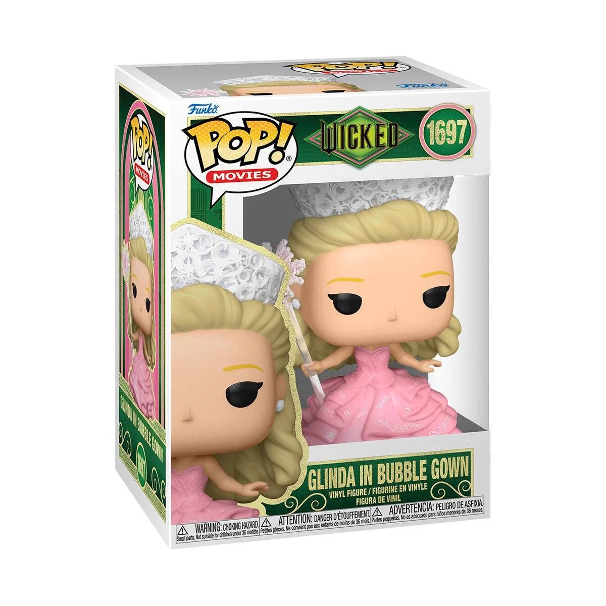Sure, here is the corrected and grouped text from the image:

---

**Funko POP! MOVIES**

**WICKED 1697**

**GLINDA IN BUBBLE GOWN**

**VINYL FIGURE / FIGURINE EN VINYLE / FIGURA DE VINIL**

**WARNING: CHOKING HAZARD - SMALL PARTS. NOT FOR CHILDREN UNDER 3 YEARS.**

**ADVERTENCIA: PELIGRO DE ASFIXIA - PEQUETIAS PIEZAS. NO ADECUADO PARA NIÑOS MENORES DE 3 AÑOS.**

**ATTENTION: RISQUE DE SOUFFOCHEMENT - PETITES PARTIES. NE CONVIENT PAS AUX ENFANTS DE MOINS DE 3 ANS.**

---

This text is organized to reflect the information on the packaging, including the brand, series, character, and safety warnings.