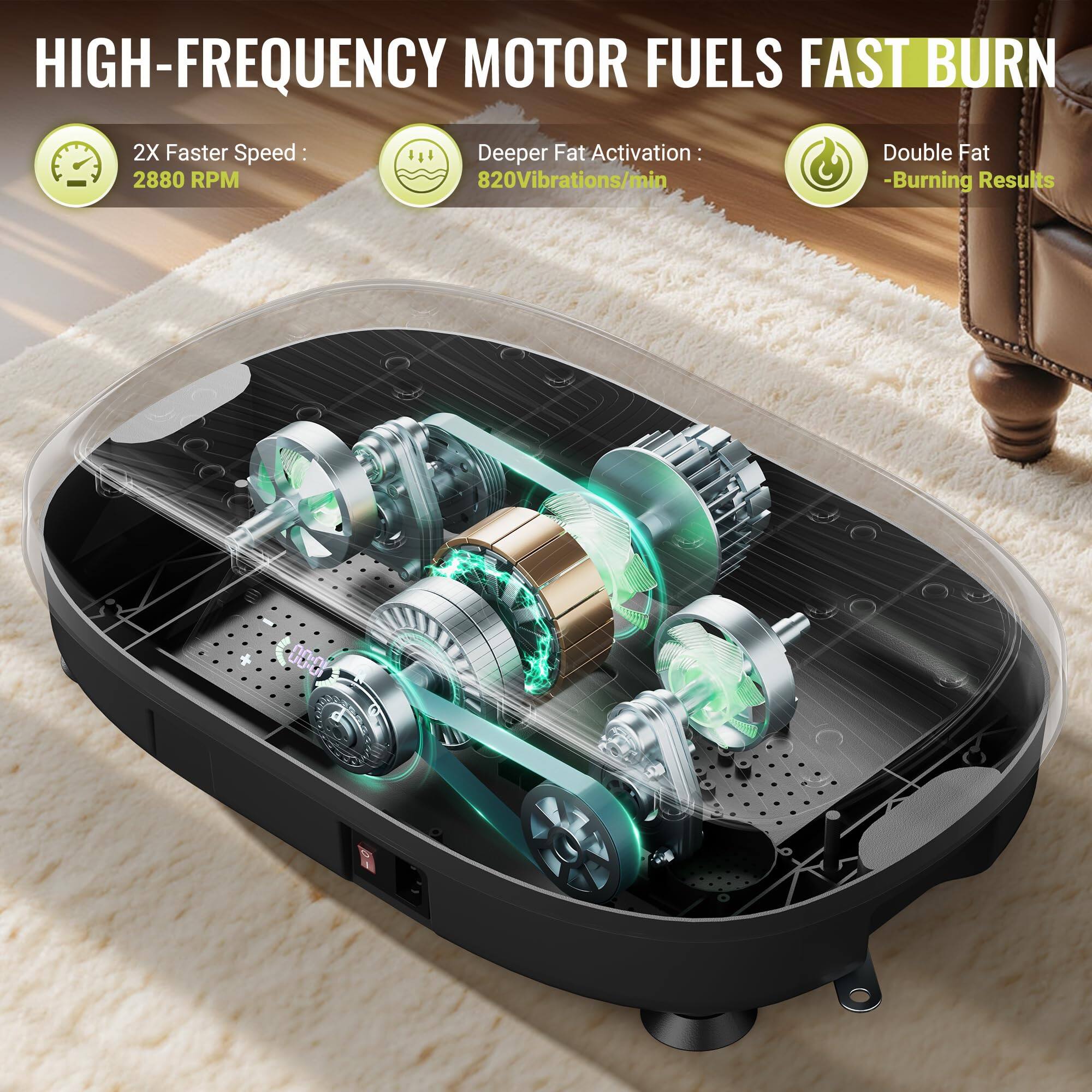 HIGH-FREQUENCY MOTOR FUELS FAST BURN

- 2X Faster Speed: 2880 RPM
- Deeper Fat Activation: 820 Vibrations/min
- Double Fat-Burning Results