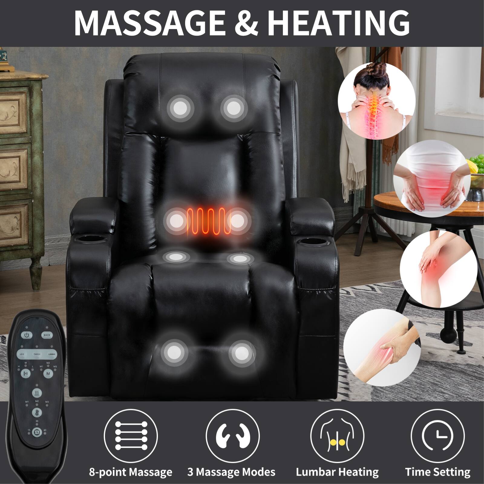 MASSAGE & HEATING

8-point Massage  
3 Massage Modes  
Lumbar Heating  
Time Setting