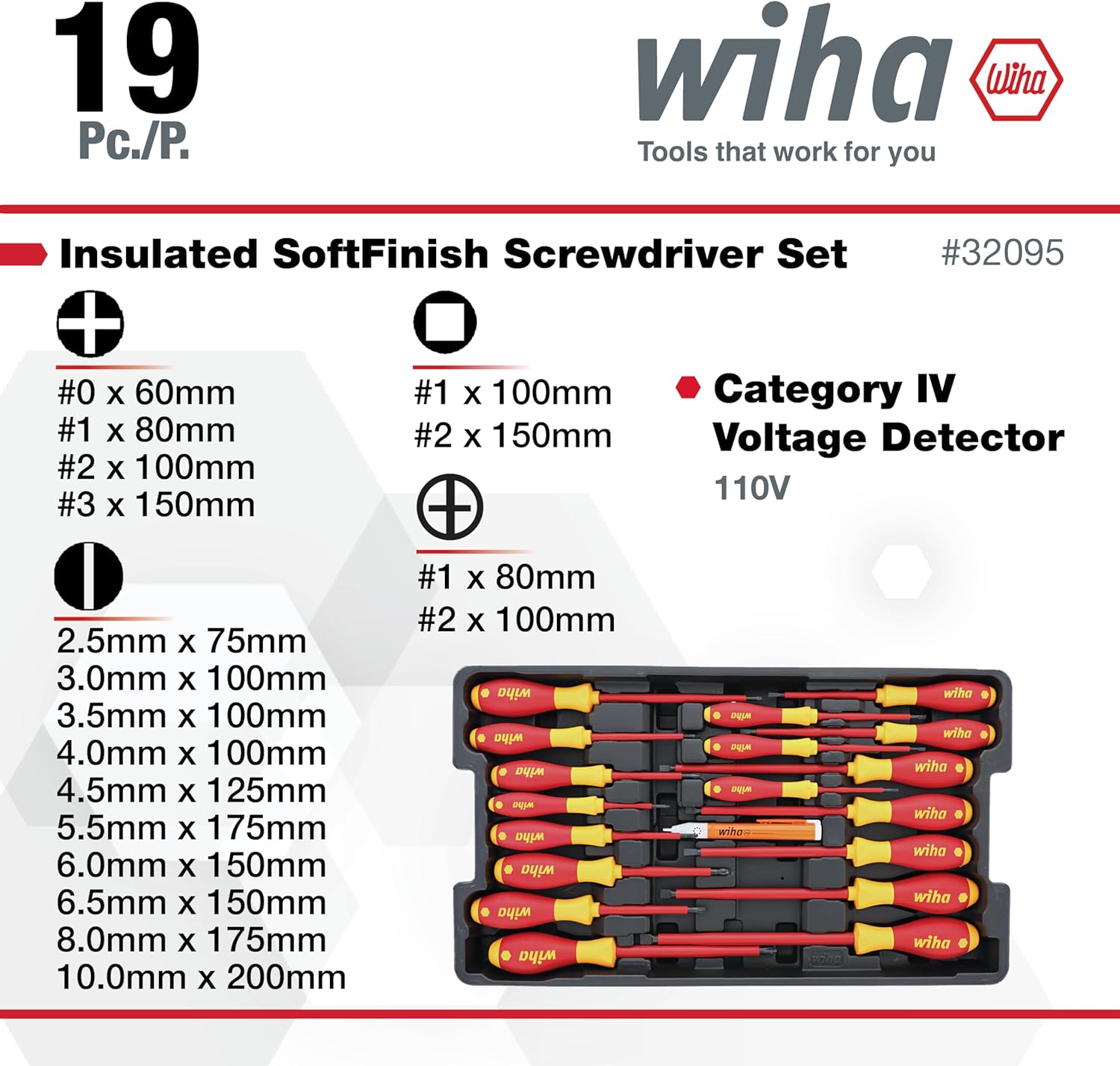 19 Pc./P. wiha Wiha Tools that work for you Insulated SoftFinish Screwdriver Set #32095 + #0 X 60mm #1 X 100mm Category IV #1 X 80mm #2 X 150mm Voltage Detector #2 X 100mm 110V #3 X 150mm 2.5mm X 75mm 3.0mm X 100mm 3.5mm X 100mm 4.0mm x 100mm 4.5mm X 125mm 5.5mm X 175mm 6.0mm X 150mm 6.5mm x 150mm 8.0mm x 175mm 10.0mm X 200mm #1 X 80mm #2 X 100mm