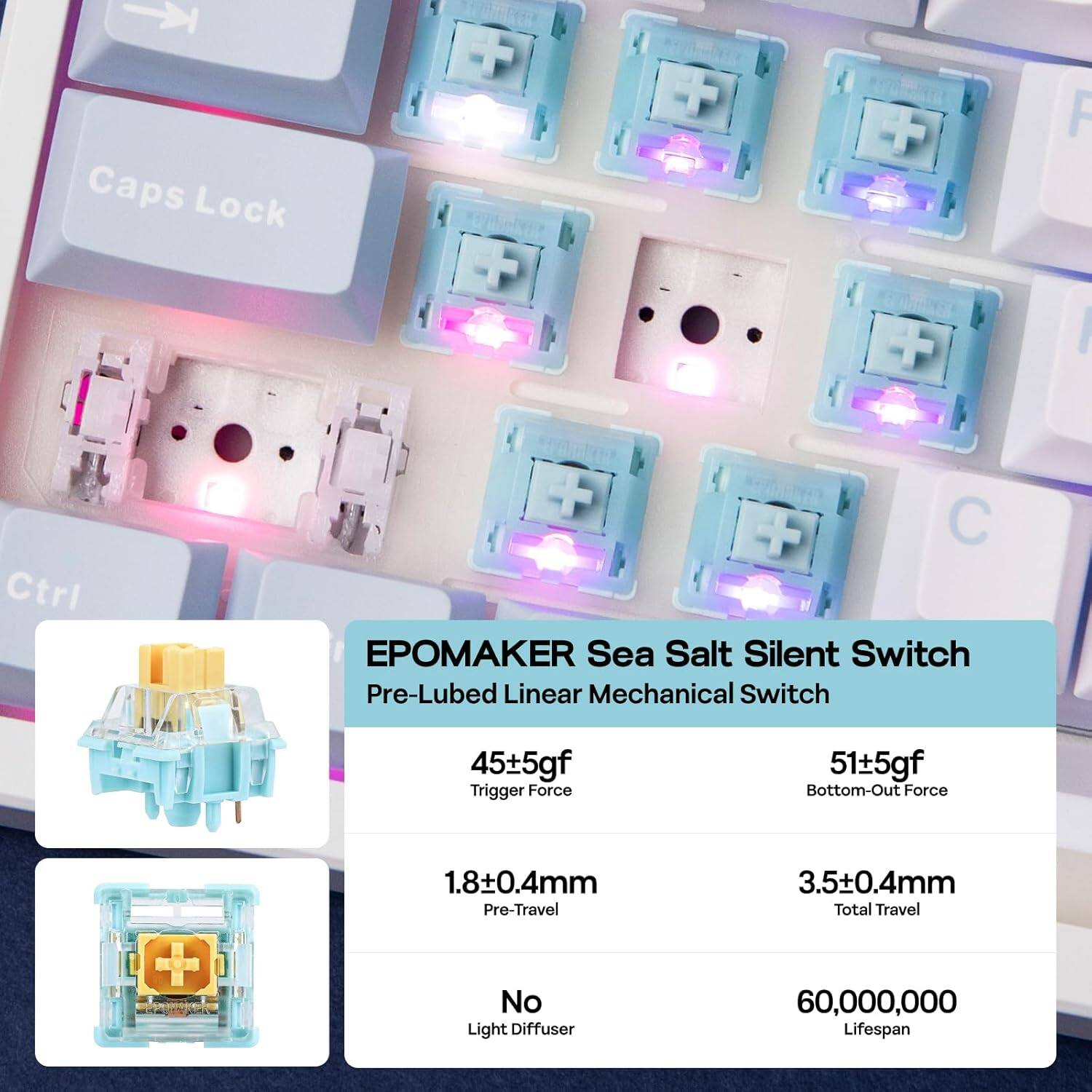 Caps Lock oko + + F + I Ctrl + C + PAKER Sea Salt Silent Switch Pre-Lubed Linear Mechanical Switch 45+5gf Trigger Force 51+5gf Bottom-Out Force + 1.8+0.4mm Pre-Travel No Light Diffuser 3.5+0.4mm Total Travel 60,000,000 Lifespan