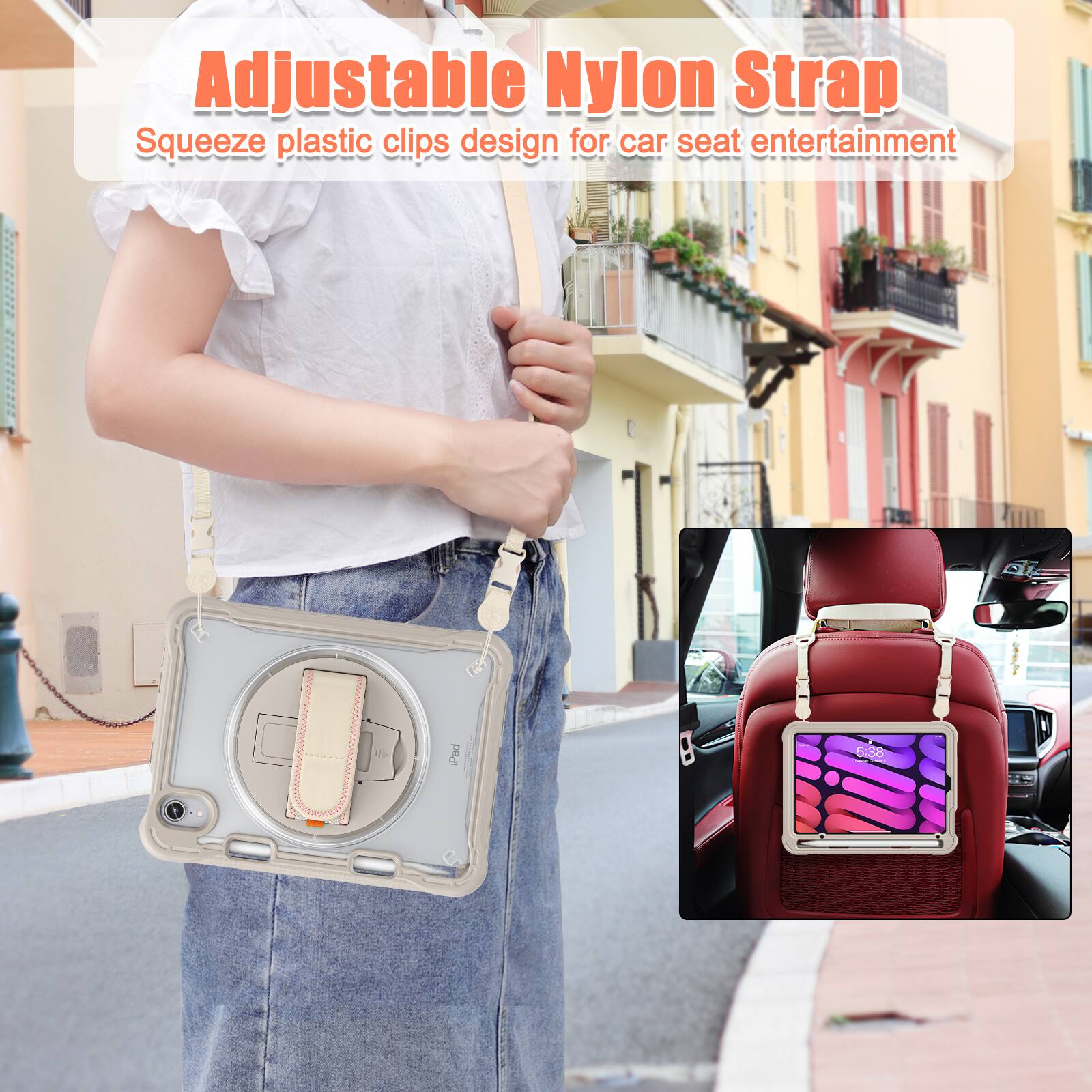 Adjustable Nylon Strap  
Squeeze plastic clips design for car seat entertainment