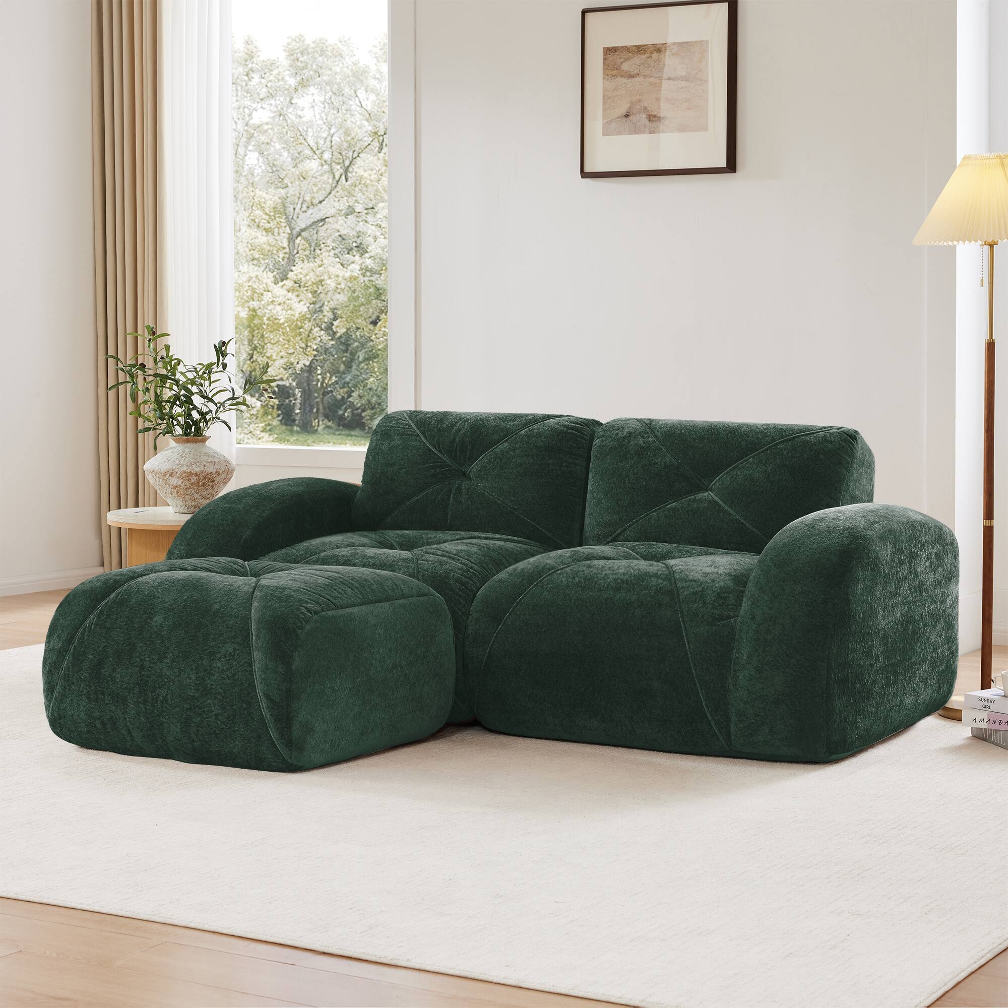 Angle. LOVMOR - Velvet Couch L Shaped Storage Ottoman No Assembly Anti Slip Tufted For Living Room Bedroom Apartment Soft Home - Green.