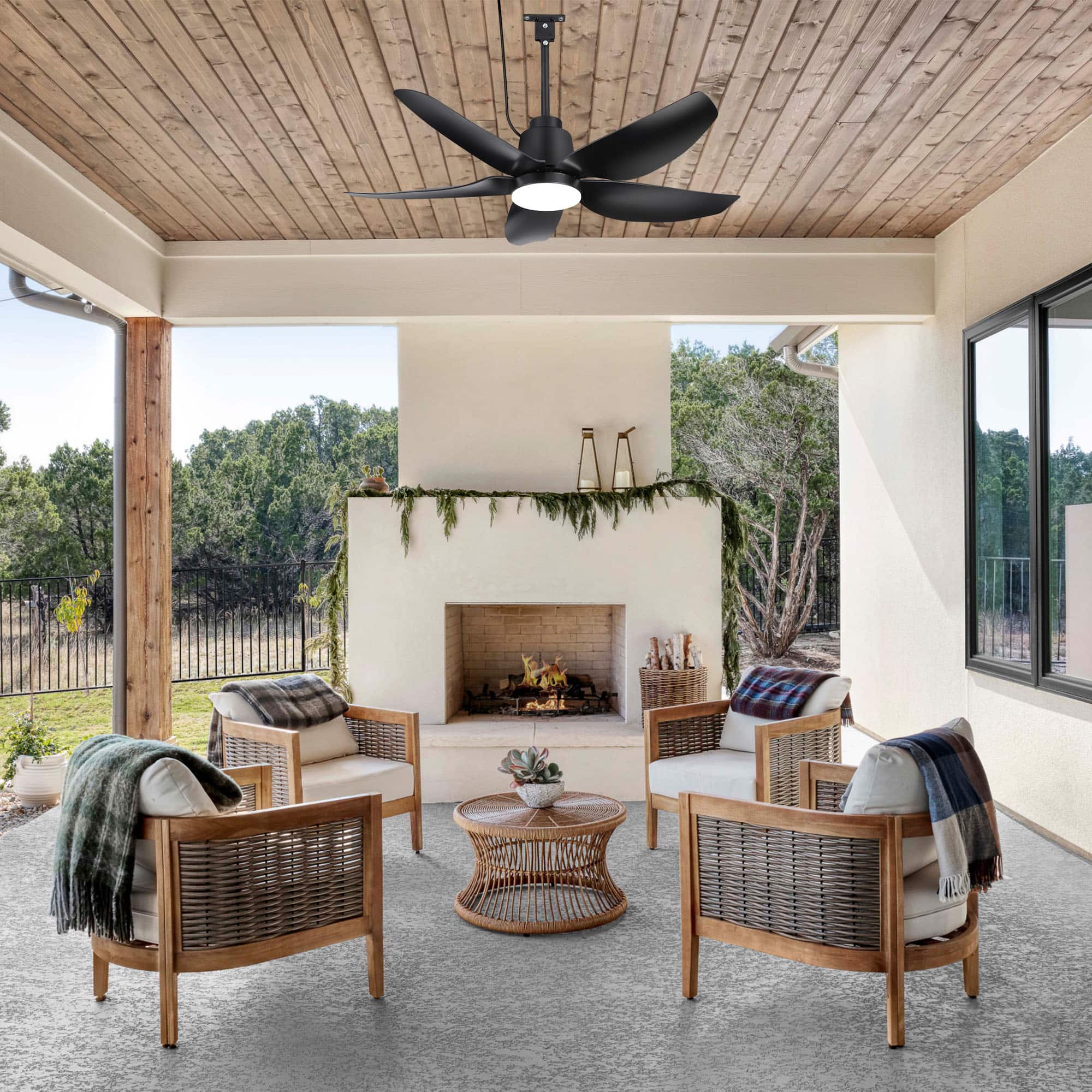 Alt View 2. Breezary - 42-In Outdoor Waterproof LED Ceiling Fan with Light, ABS Blades, Remote Control, DC Motor, 6" & 10" Downrods - matte black.