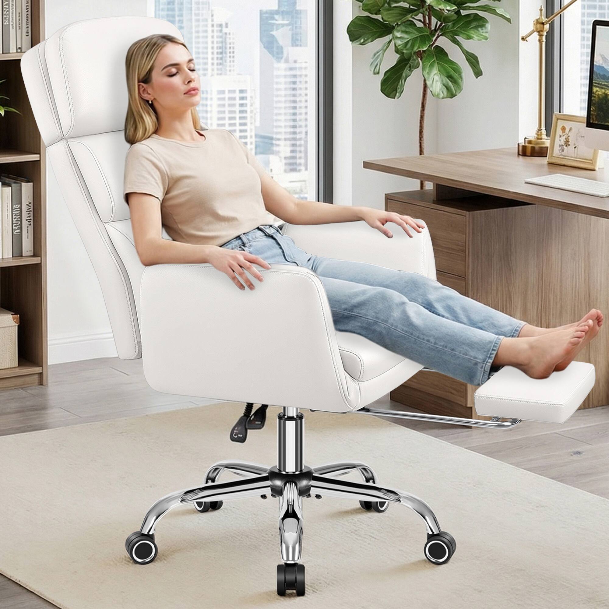 Alt View 9. KERDOM - Big Tall Office Chair with Reversible Arm, PU Leather Executive Manager Boss Chair with Lifting Headrest & Lumbar Pillow - White.