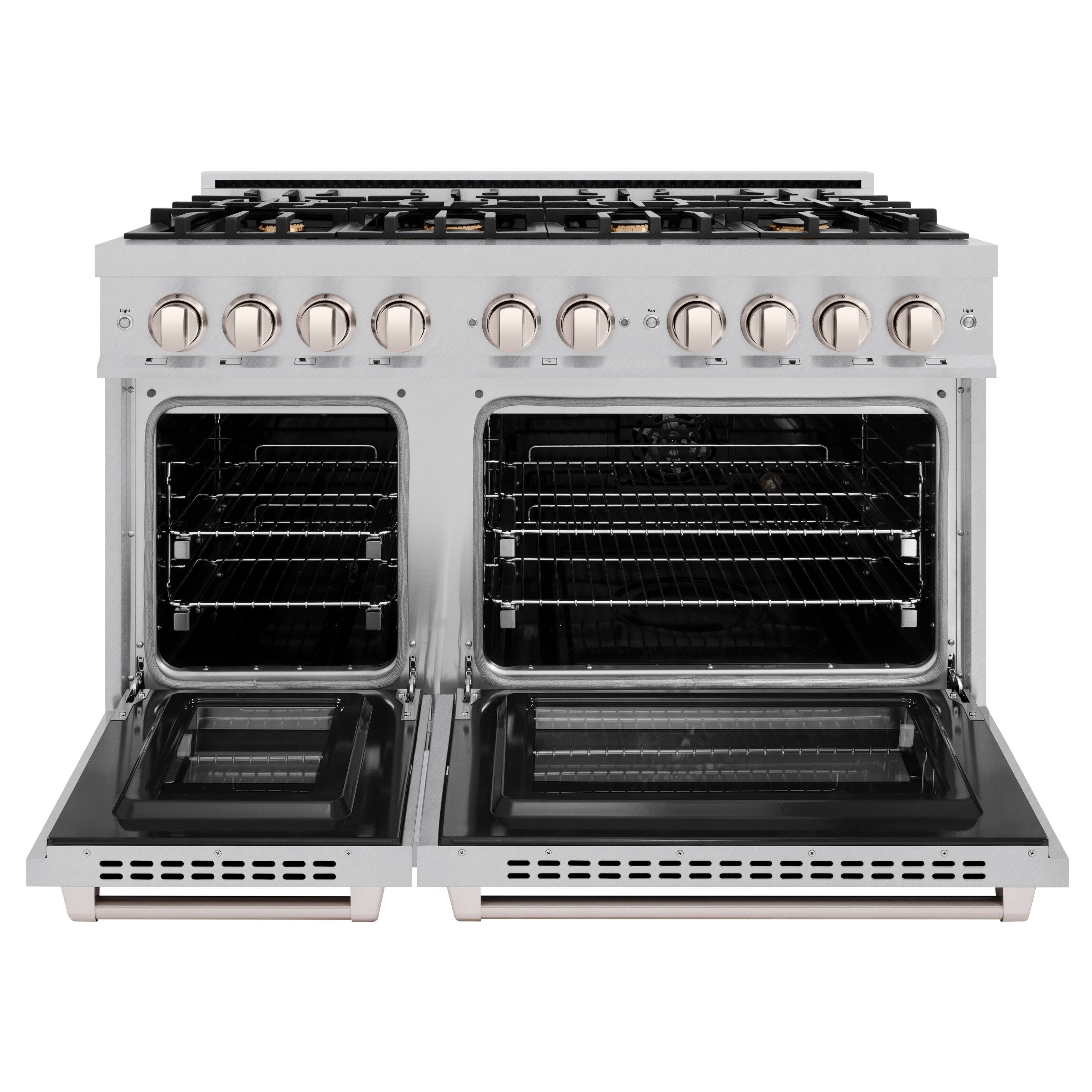 Left. ZLINE - ZLINE 48 in. Select Double Oven Dual Fuel Satin Steel Range w/ 8 Brass Burners (HDRS-BR-48) - Stainless Steel.