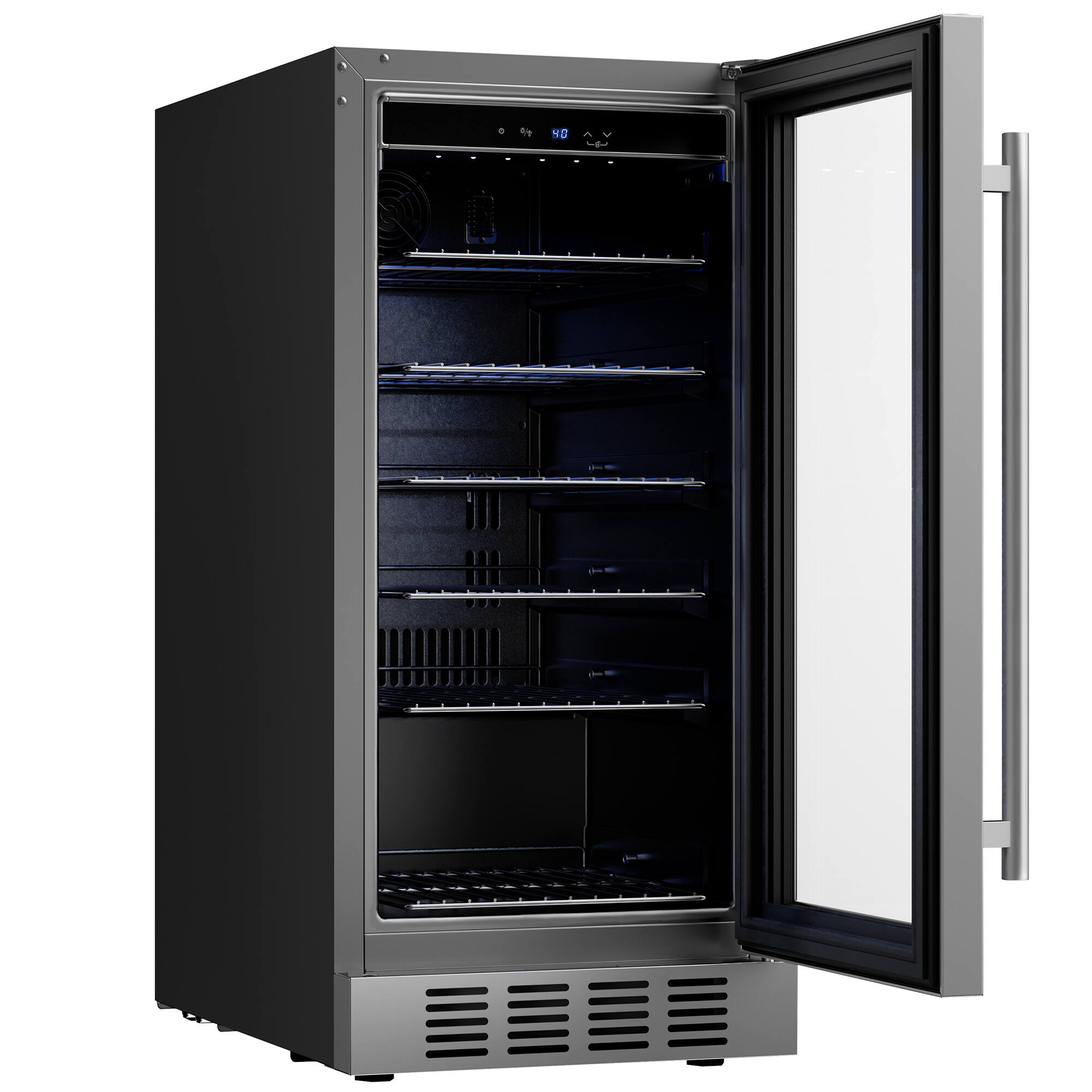 Left. Empava - 15 in. 80 Can Built-In Beverage Cooler Fridge w/ Precision Temp Controls, Adjustable Shelves in Black - Black.