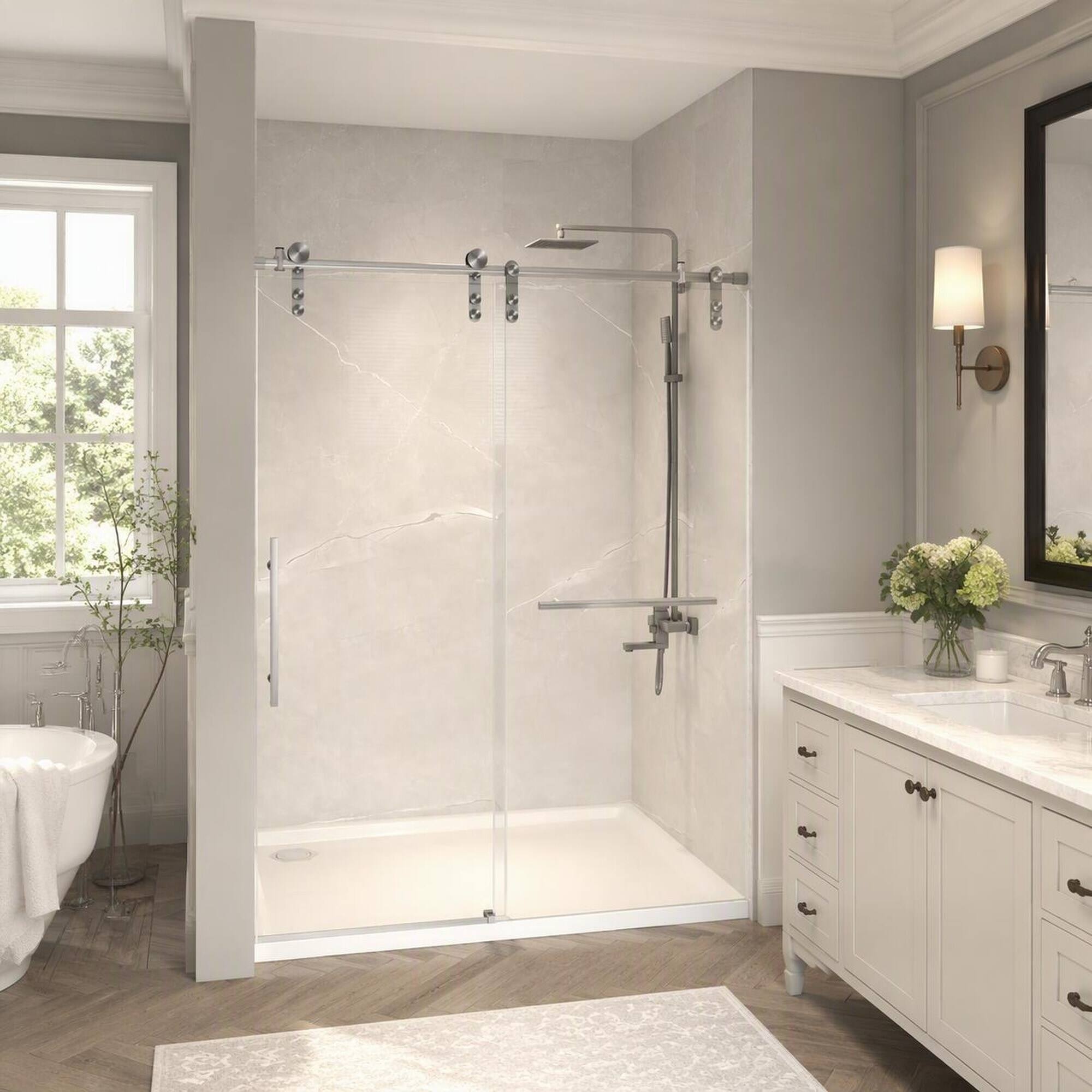 Angle. RYHNUYNE - 56-60 In X 76 In H Frameless Sliding Shower Door, 5/16 In Clear Tempered Glass Brushed Nickel Finish - Brushed Nickel.