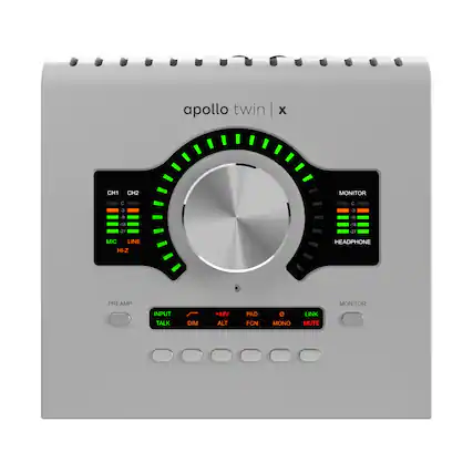 apollo twin | X
CH1 CH2
MONITOR C -3 -9 -18 27
C 3 9 -18 23
MIC LINE HI-Z
HEADPHONE
PREAMP
MONITOR INPUT
TALK DIM +48V
ALT PAD FCN
MONO LINK MUTE