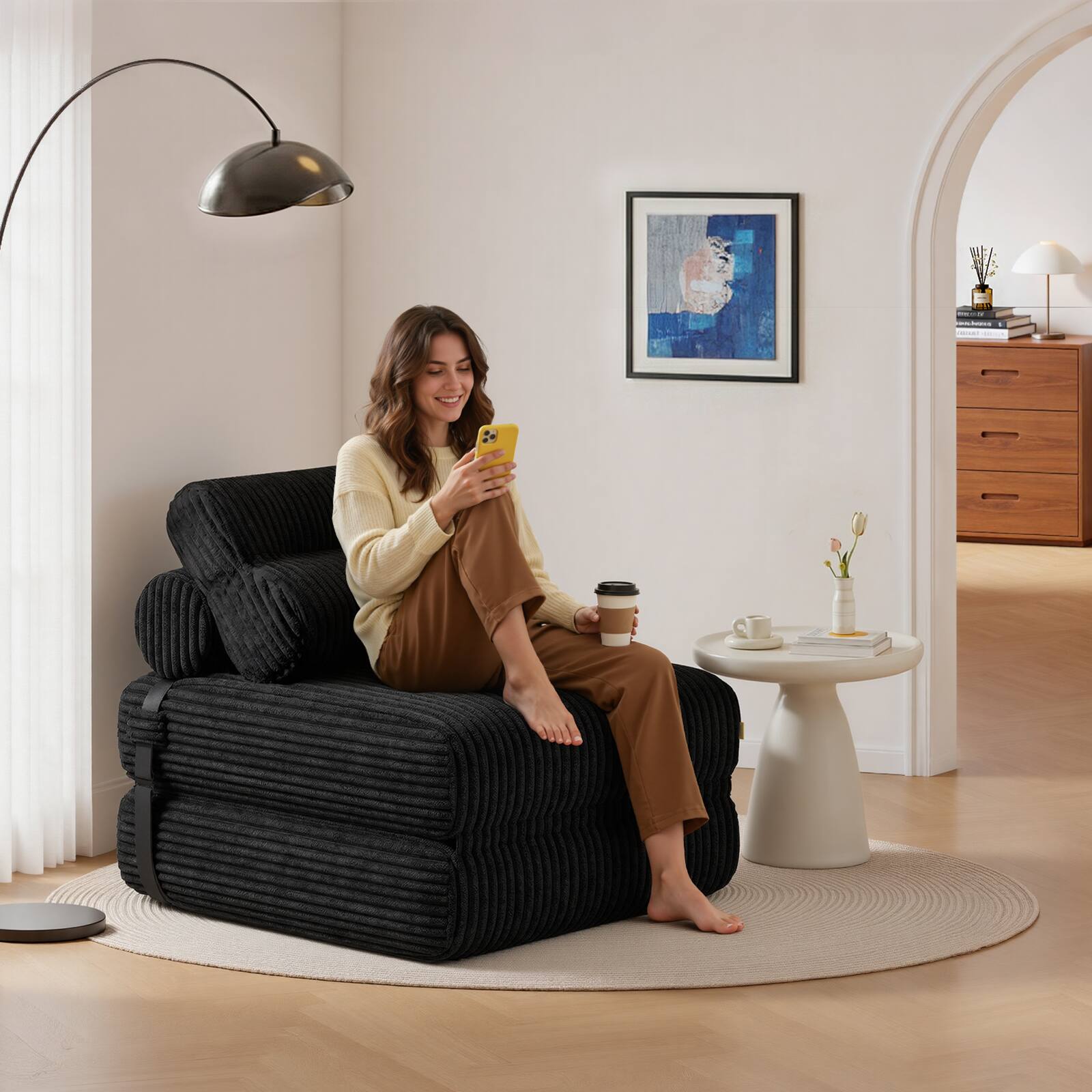 Alt View 1. Pinmoco - Pinmoco Folding Single Sofa Bed, Corduroy Convertible Sleeper Sofa with Pillow, Accent Chair for Living Room & Bedroom - Black.