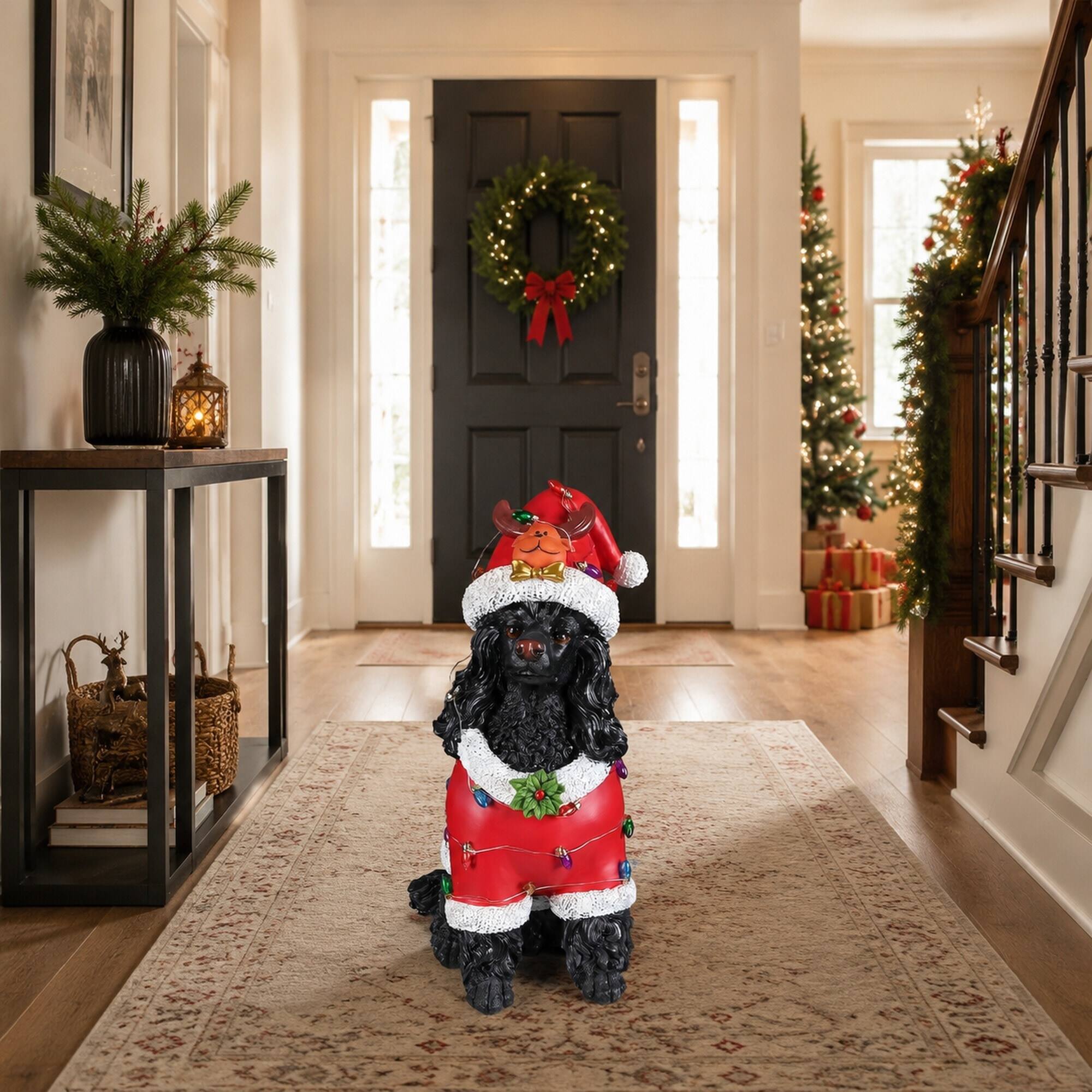 Alt View 1. RYHNUYNE - Holiday Black Poodle Statue with Red Santa Outfit and Reindeer Hat for Christmas Mantel Table Decor - Black.