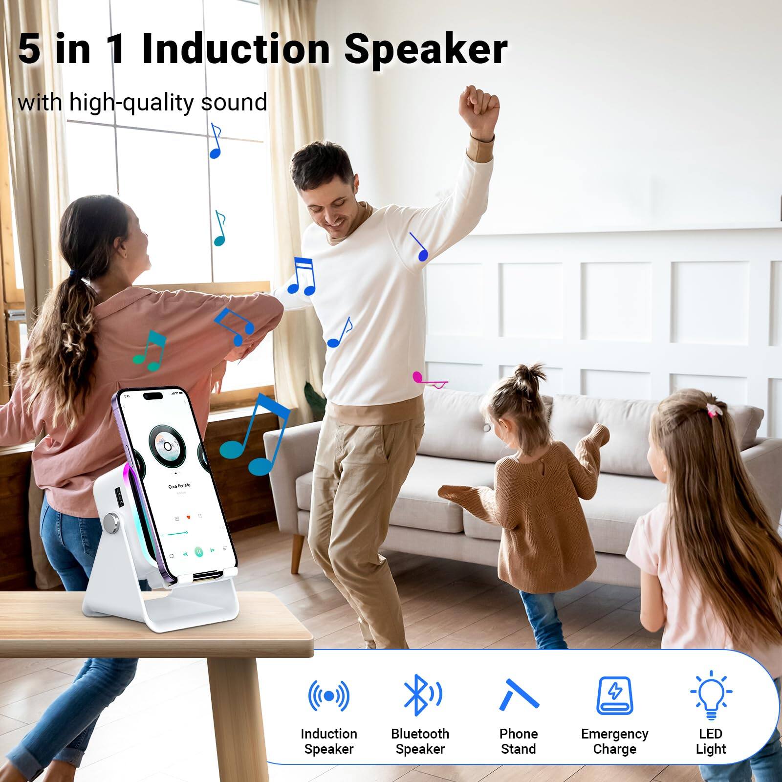 5 in 1 Induction Speaker with high-quality sound

- Induction Speaker
- Bluetooth Speaker
- Phone Stand
- Emergency Charge
- LED Light