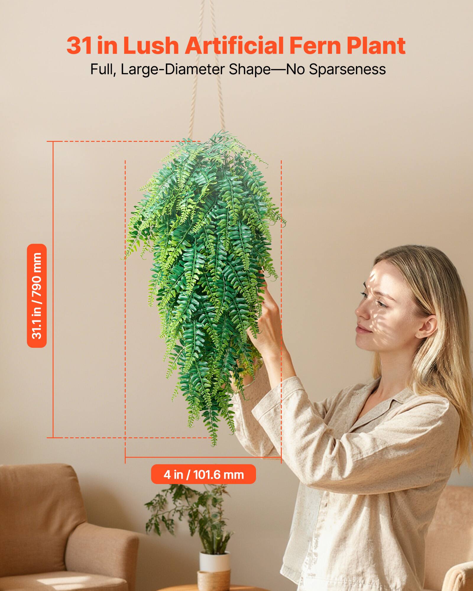 31 in Lush Artificial Fern Plant  
Full, Large-Diameter Shape—No Sparseness  

31.1 in / 790 mm  
4 in / 101.6 mm