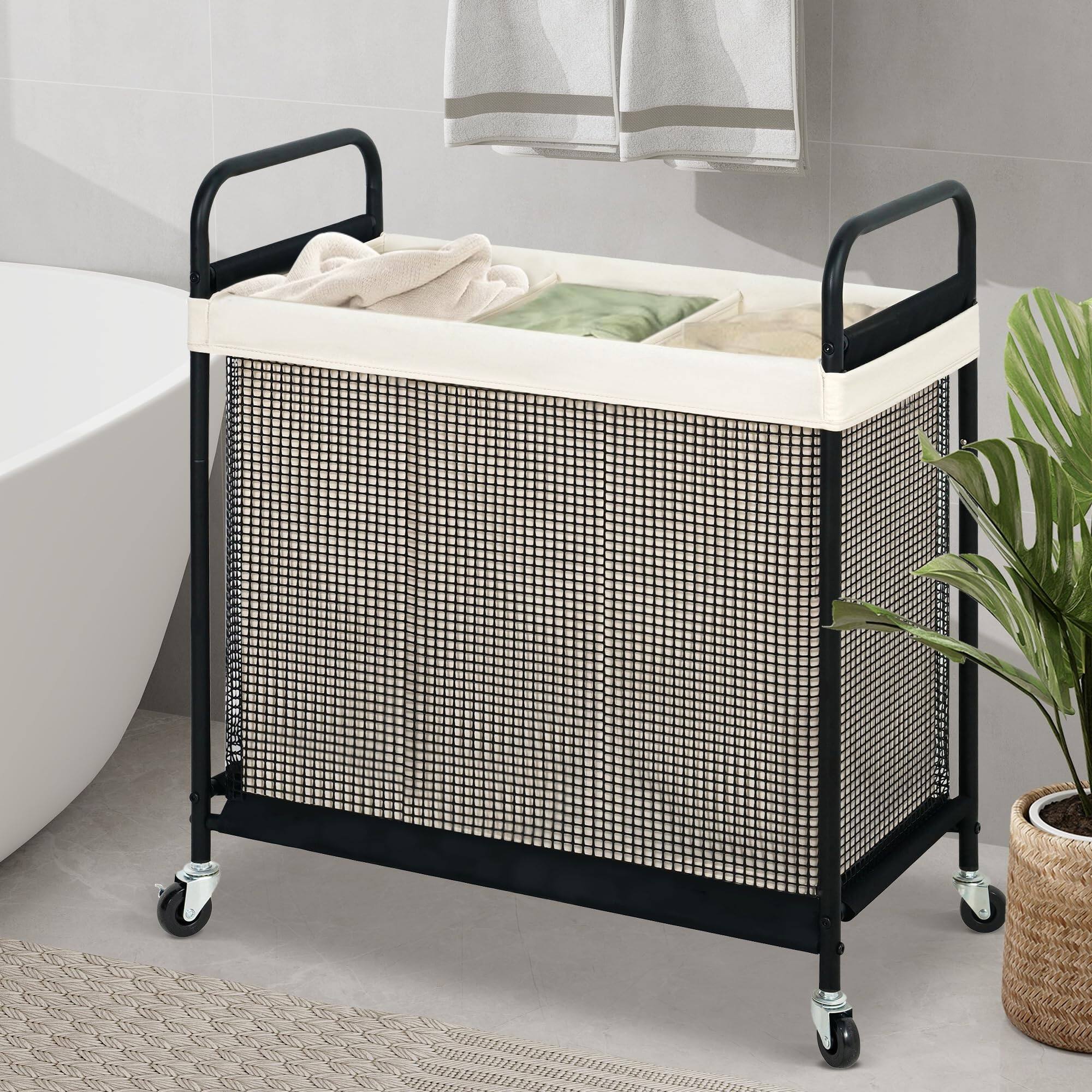 Alt View 3. Dapper Styles - Sto Laundry Hamper 3 Section 120l Rolling Sorter Cart With Removable And Washable Liner Bag Clothes Metal H... - Beige-3-Section.