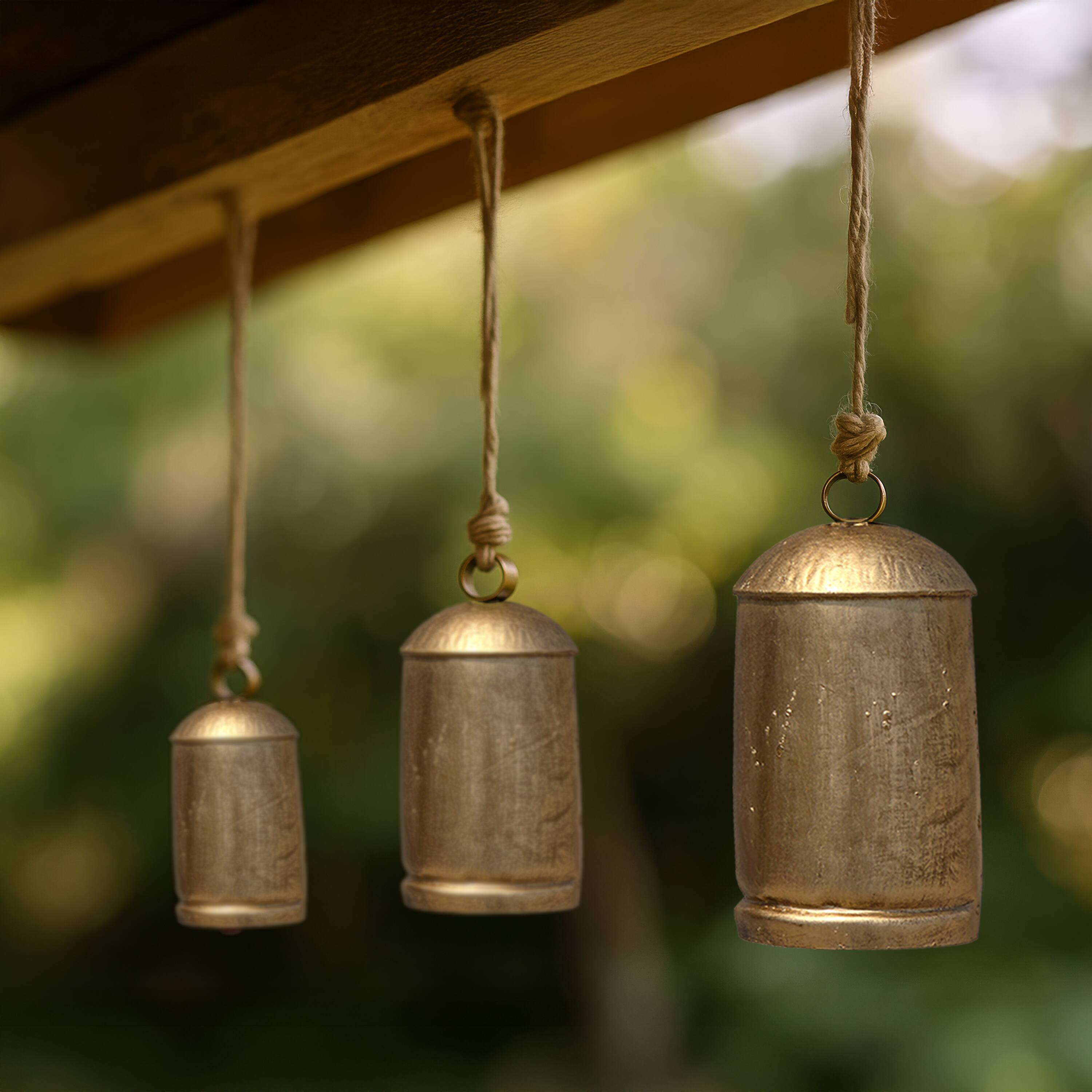 Alt View 7. Manhattan Lane - Zaira Decorative Iron Cow Bells Set of 3 | Cylindrical | Antique Gold Finish| Jute Hanging Rope | 20, 15, 12 Inches - Gold.