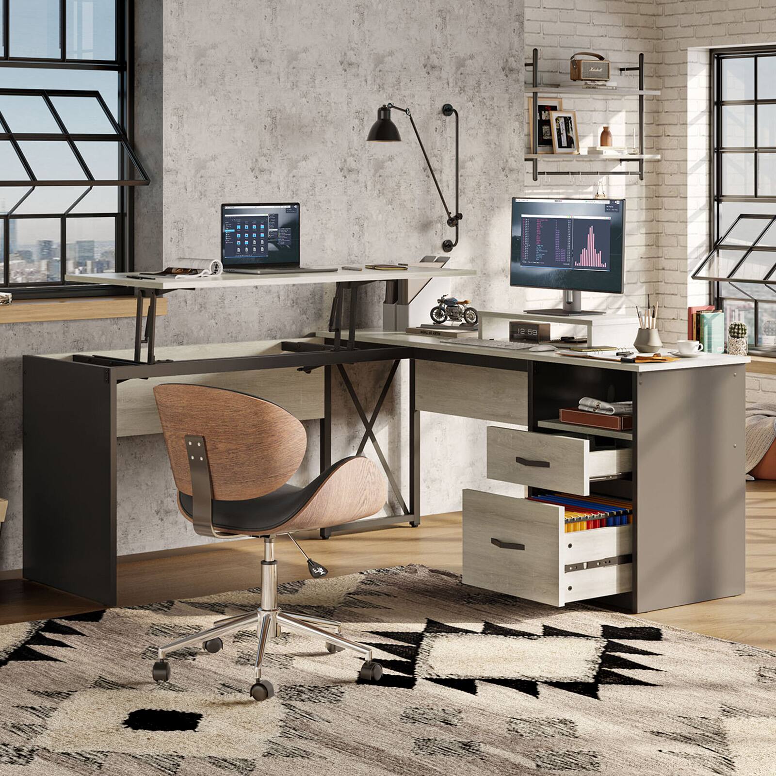 Alt View 14. Bestier - L-Shaped Computer Desk with Drawers and Monitor Stand - Light Gray.