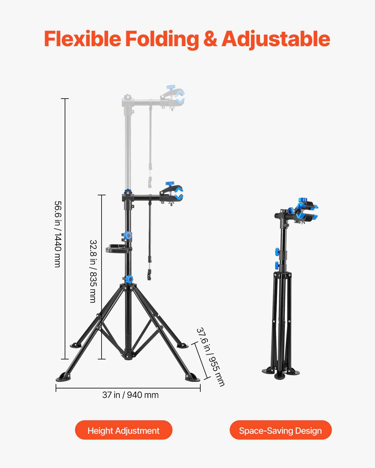 Flexible Folding & Adjustable

- 56.6 in / 1440 mm
- 32.8 in / 835 mm
- 37 in / 940 mm
- 37.6 in / 955 mm

Height Adjustment
Space-Saving Design