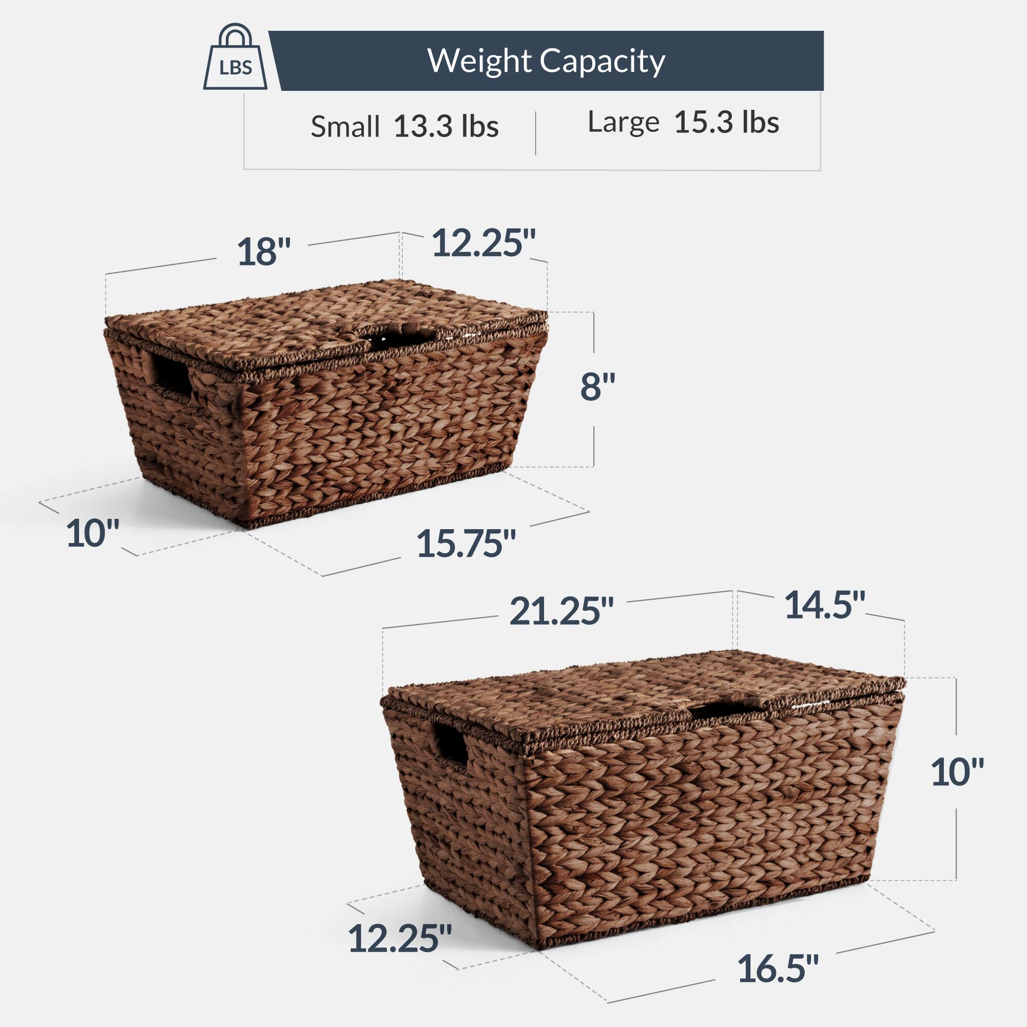 Weight Capacity  
Small 13.3 lbs  
Large 15.3 lbs  

Dimensions  
Small: 18" x 12.25" x 8"  
Large: 21.25" x 14.5" x 10"