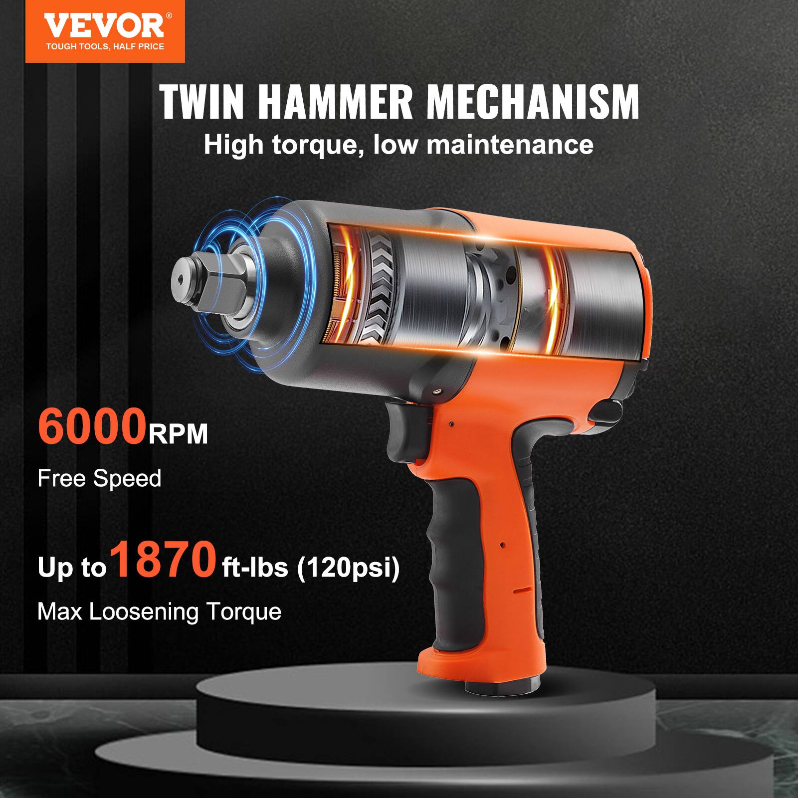 VEVOR  
TOUGH TOOLS, HALF PRICE  

TWIN HAMMER MECHANISM  
High torque, low maintenance  

6000 RPM  
Free Speed  

Up to 1870 ft-lbs (120psi)  
Max Loosening Torque