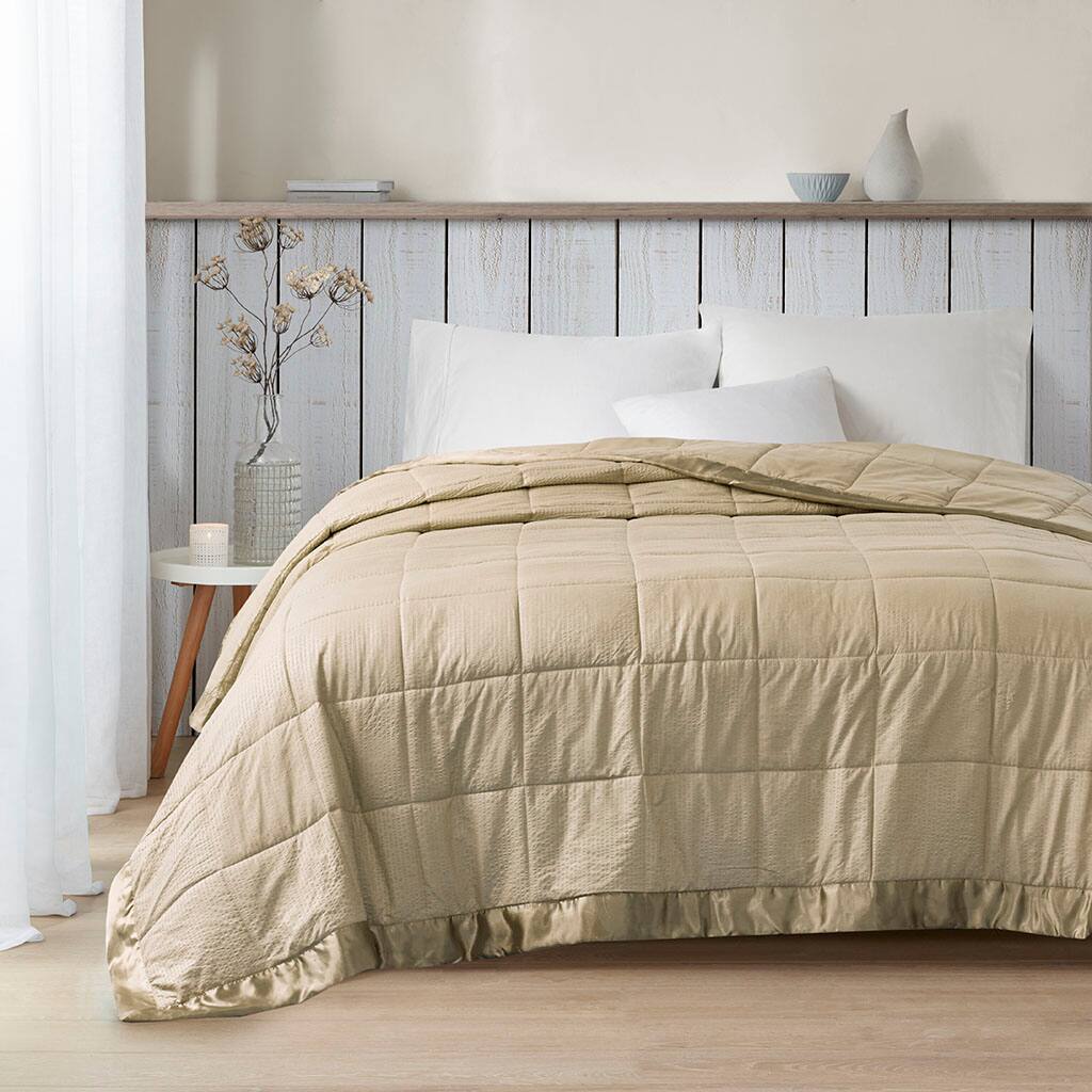Alt View 2. Gracie Mills - Gracie Mills Lucile Textured Oversized Down Alternative Blanket with Satin Trim - Taupe.