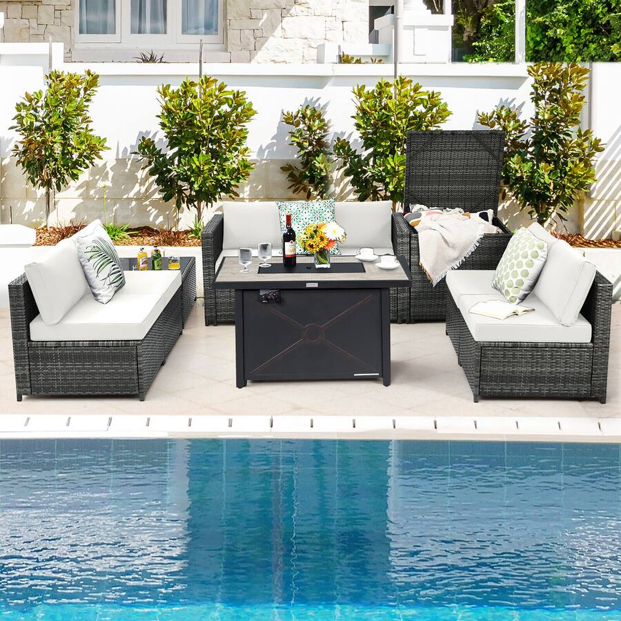 Gymax 9 PCS Patio Rattan Furniture Set Fire Pit Table Storage Black W ...