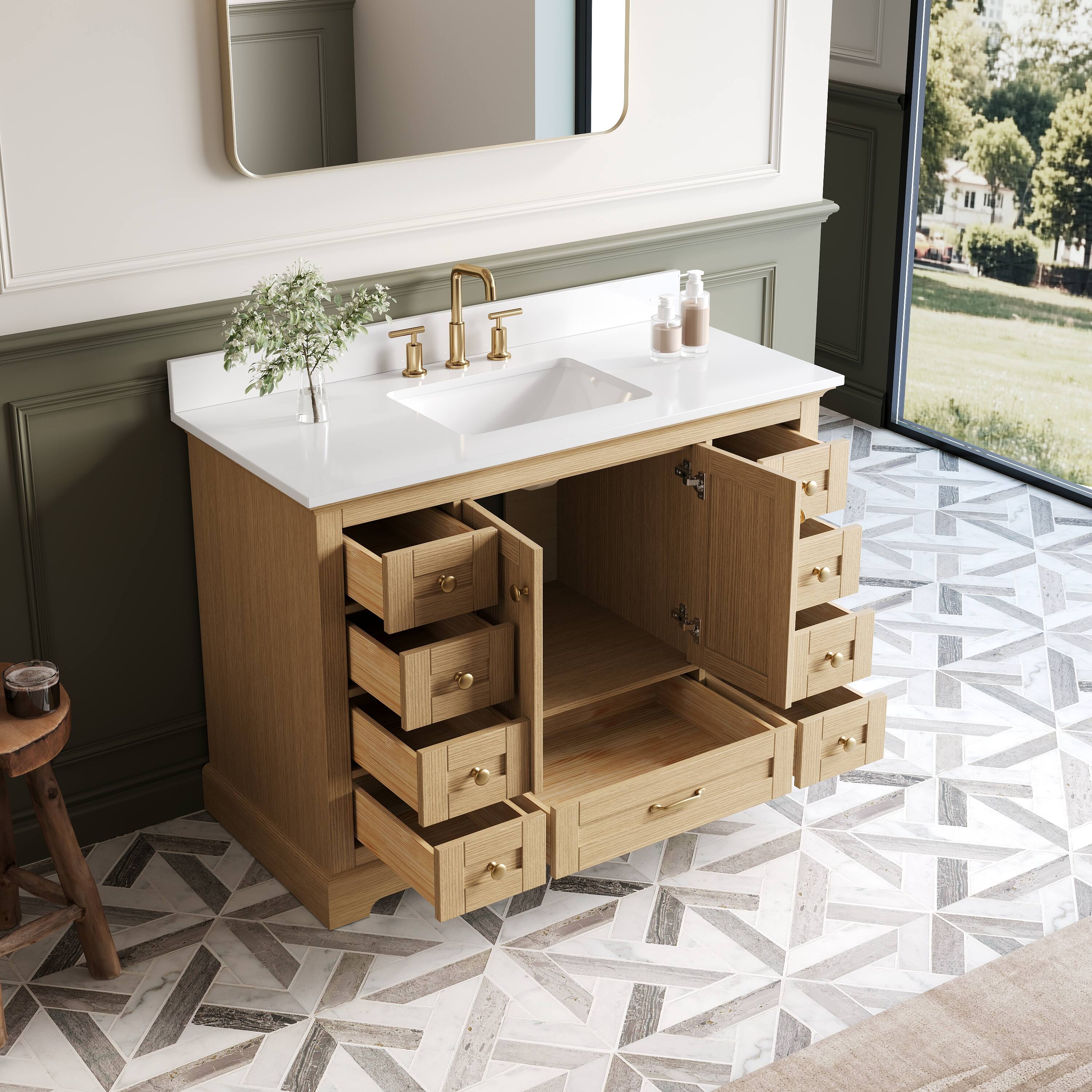 Back. WELLFOR - LVD 48 in. Solid Wood Single Sink Freestanding Bath Vanity with Culutered Marble Top, Assembled - OAK.