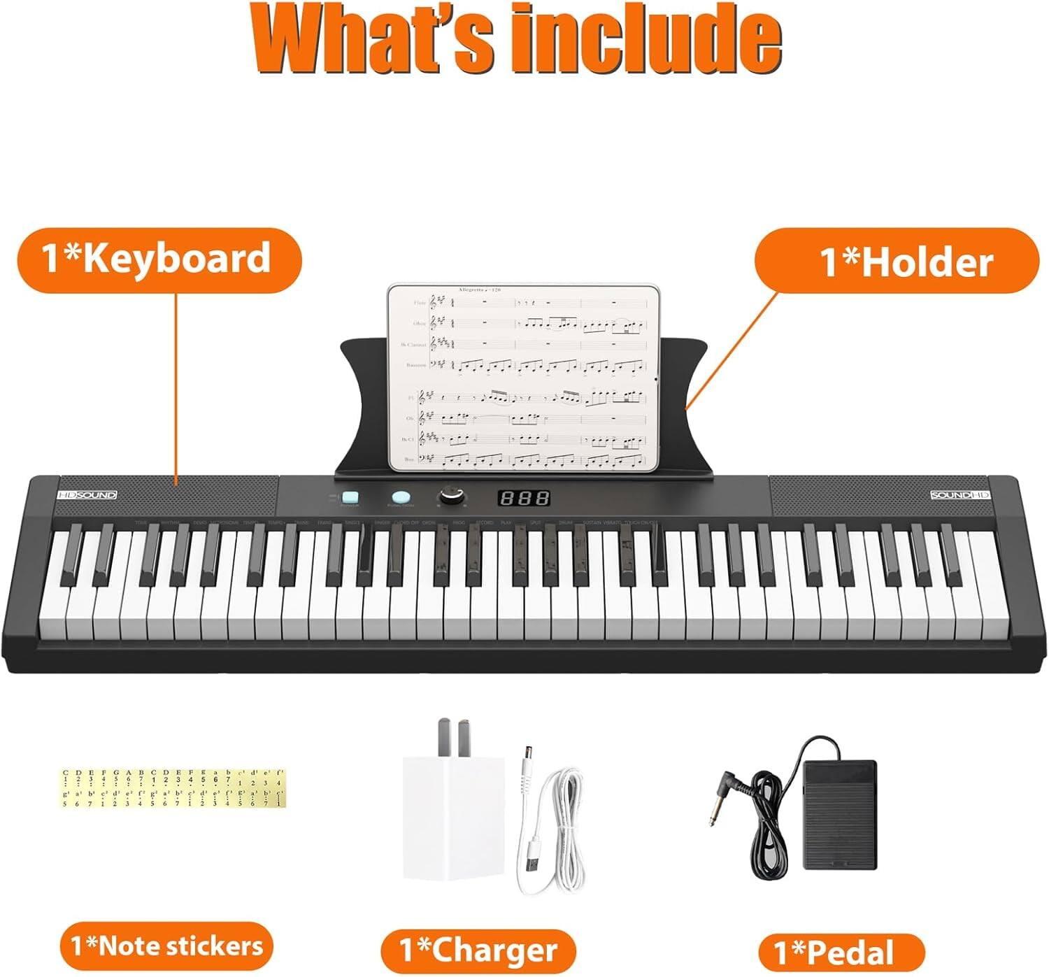 What's included:

1*Keyboard  
1*Holder  
1*Note stickers  
1*Charger  
1*Pedal