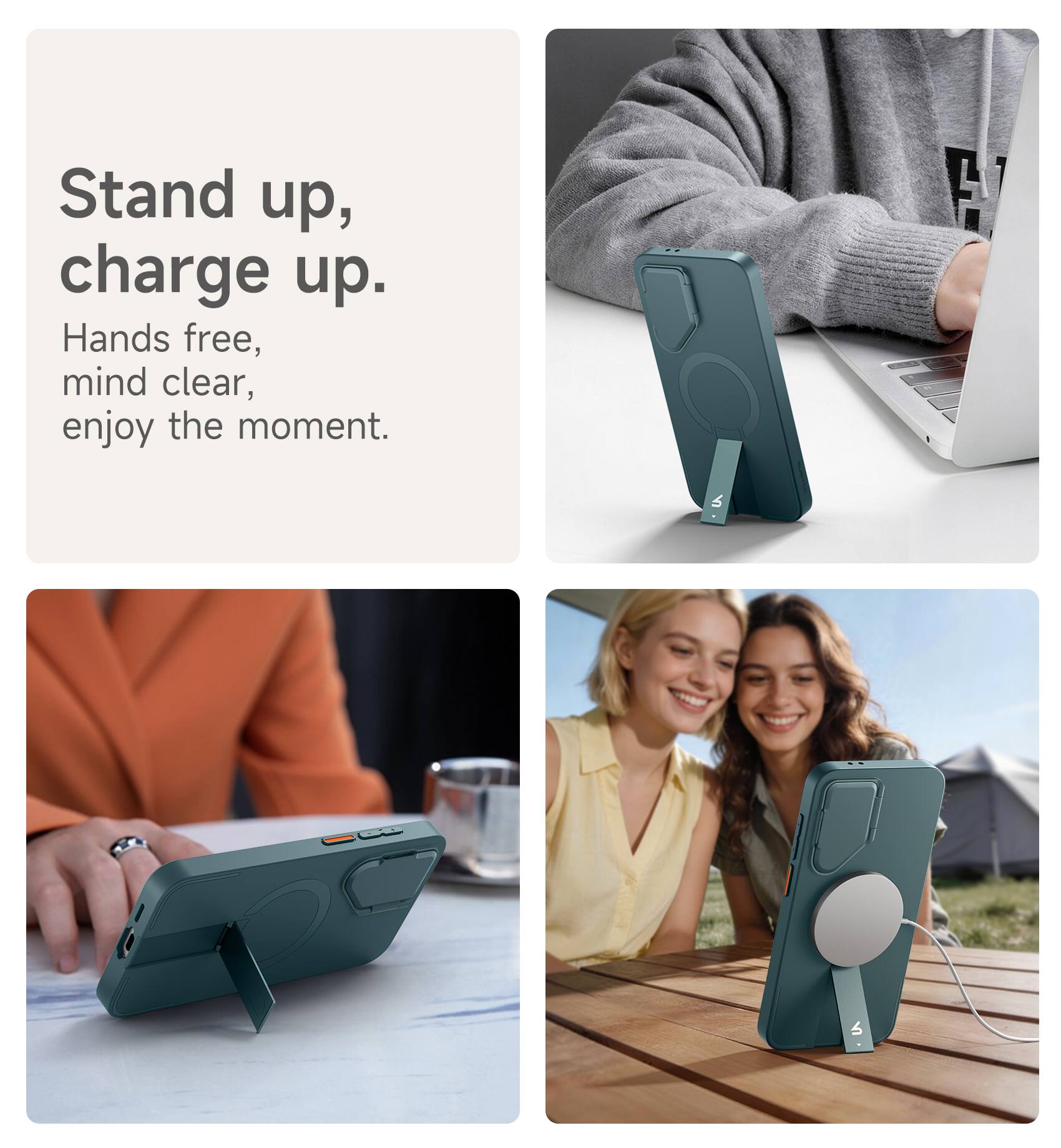 Stand up, charge up.  
Hands free, mind clear, enjoy the moment.