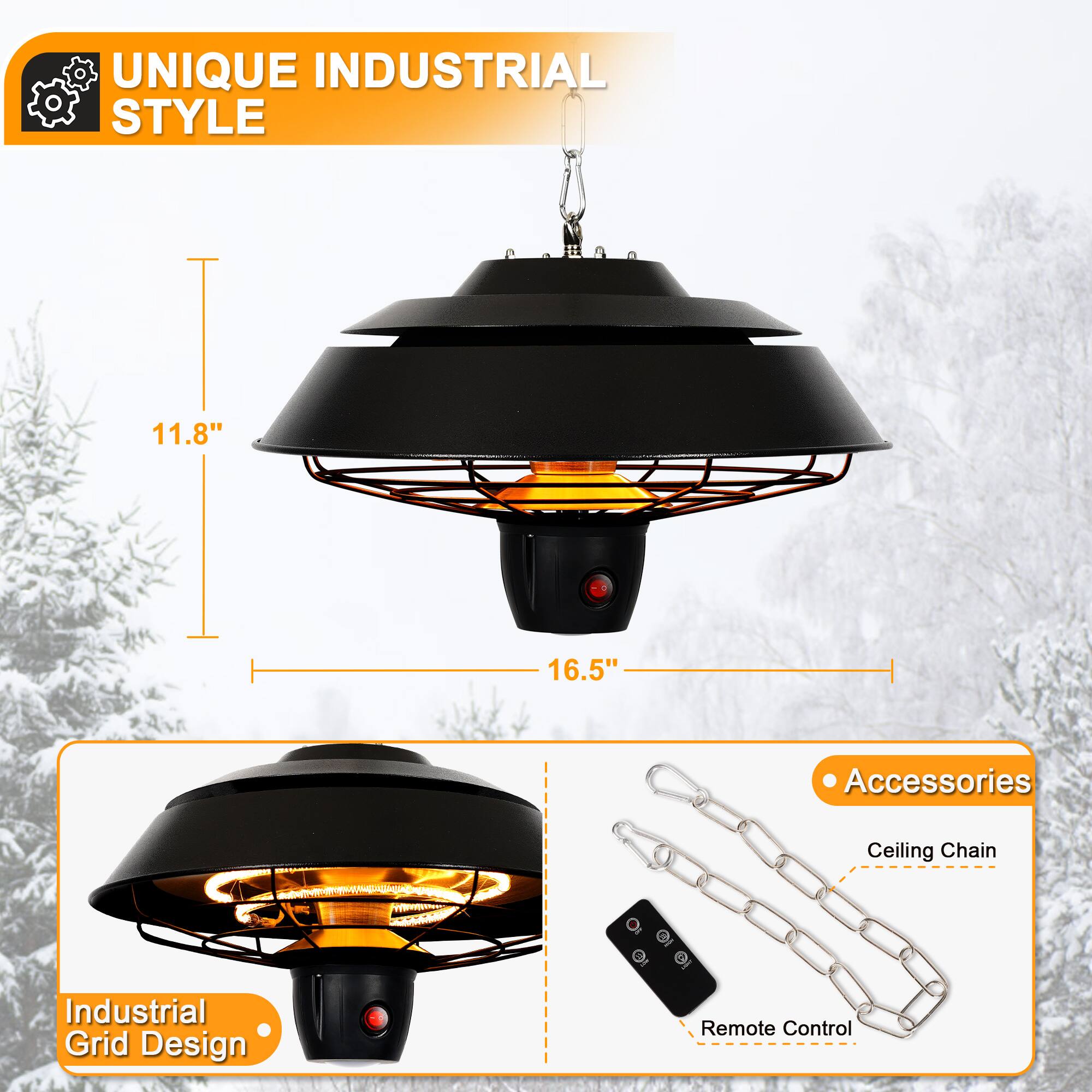 UNIQUE INDUSTRIAL STYLE

11.8"  
16.5"

Industrial Grid Design

Accessories  
Ceiling Chain  
Remote Control