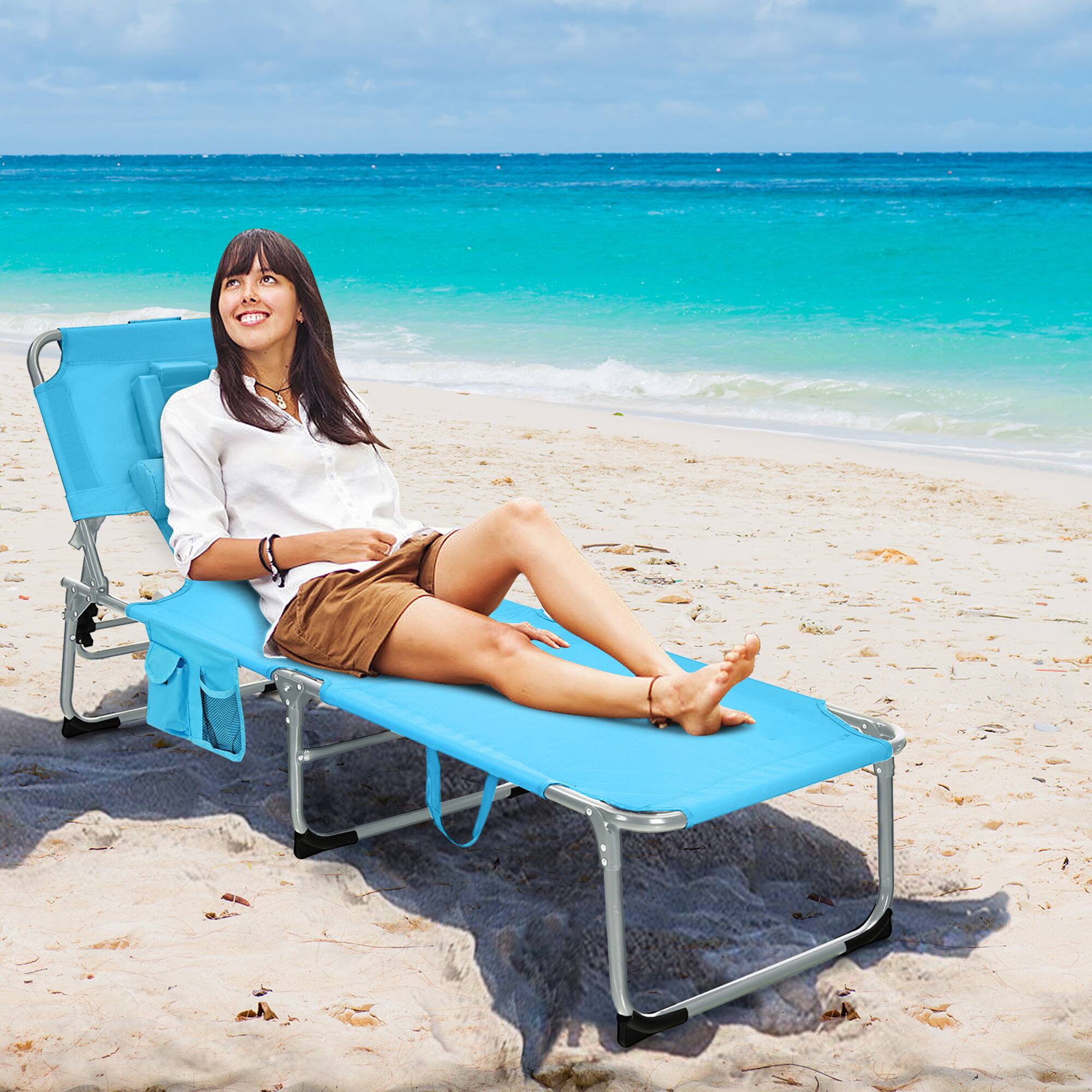 Alt View 3. Gymax - Gymax Portable Beach Chaise Lounge Chair Folding Reclining Chair w/ Facing Hole Turquoise - Turquoise.