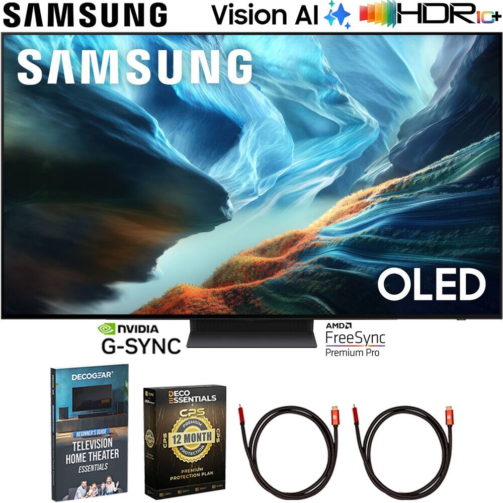SAMSUNG Vision AI  
HDRic+  
OLED  
AMD FreeSync Premium Pro  
NVIDIA G-SYNC  
DECOGEAR  
ESSENTIALS  
CPS PREMIUM  
12 MONTH PROTECTION PLAN  
BEGINNER'S GUIDE  
TELEVISION HOME THEATER ESSENTIALS