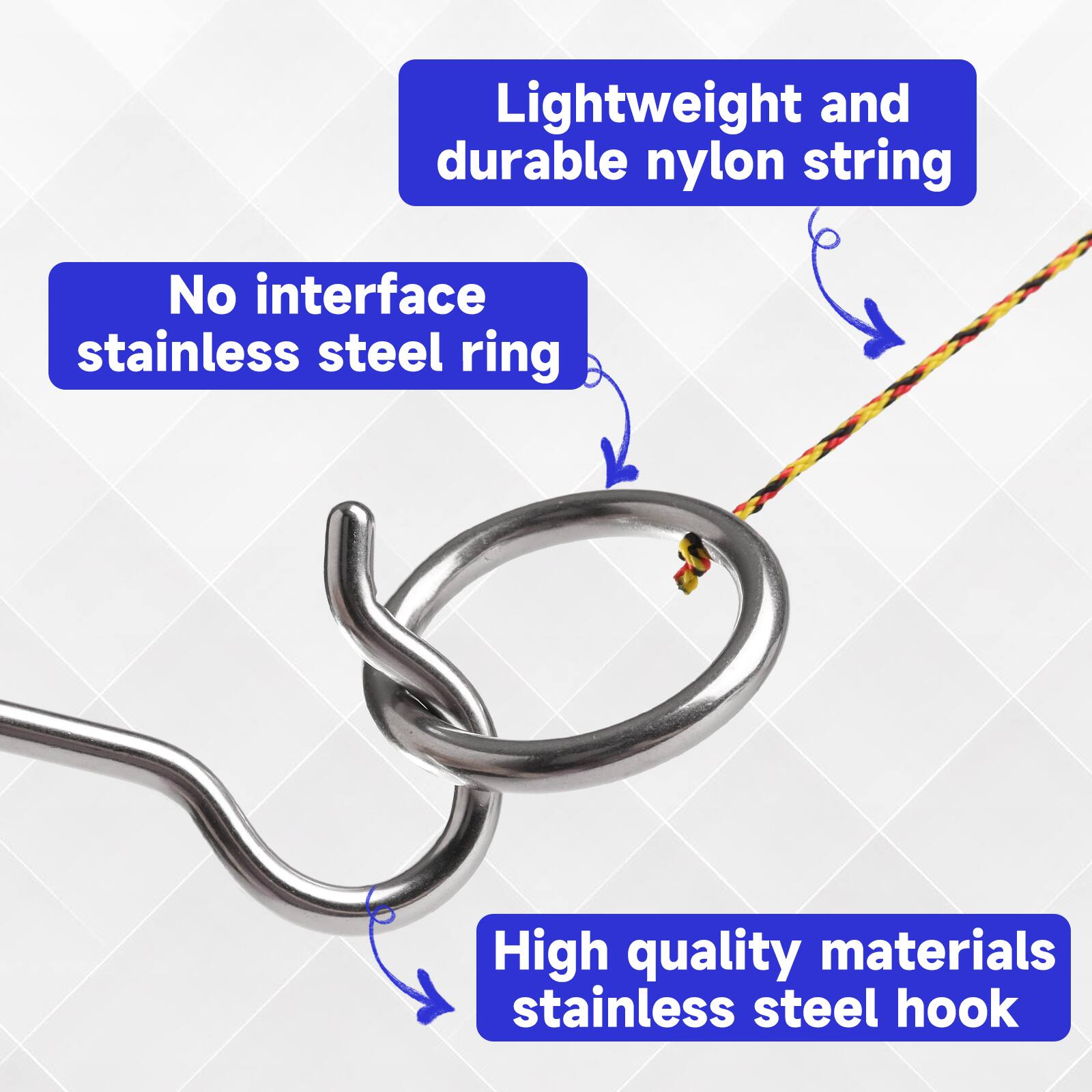 Lightweight and durable nylon string, no interface stainless steel ring, high quality materials stainless steel hook.
