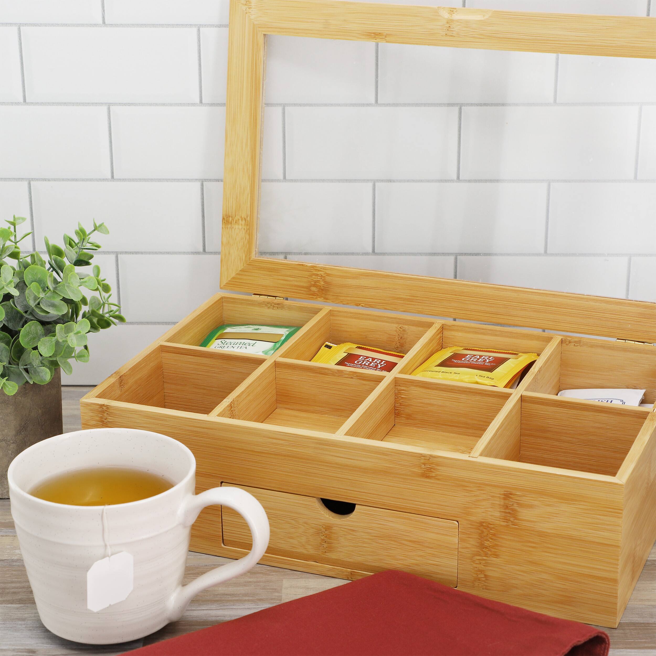 MegaChef 13 x 8 Inch Bamboo Tea Box Organizer with Acrylic Top