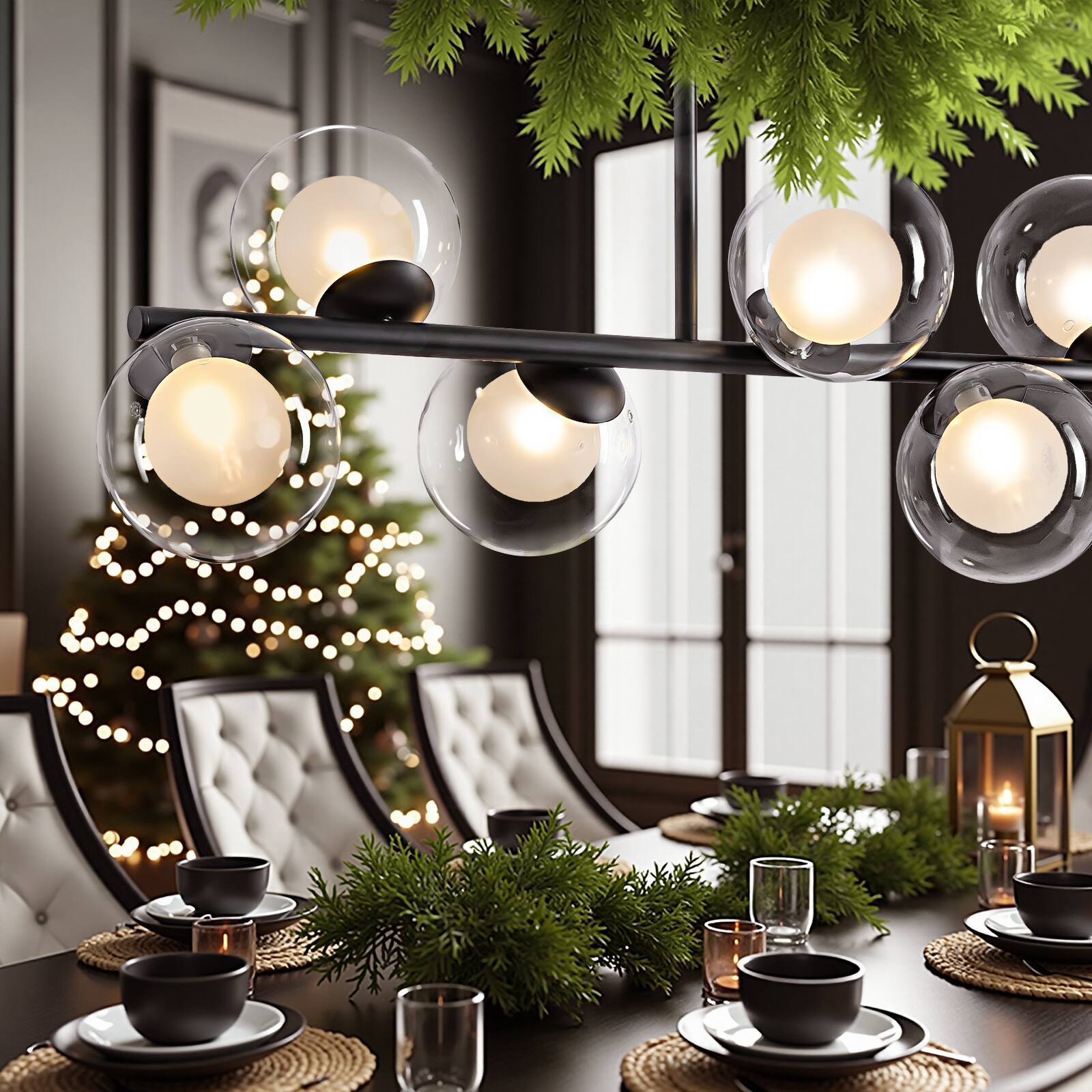 Left. Siljoy - Modern 10-Light Dimmable Linear Chandelier Clear Double Glass Gold Adj. Height – For Dining Kitchen Bedroom - Black.