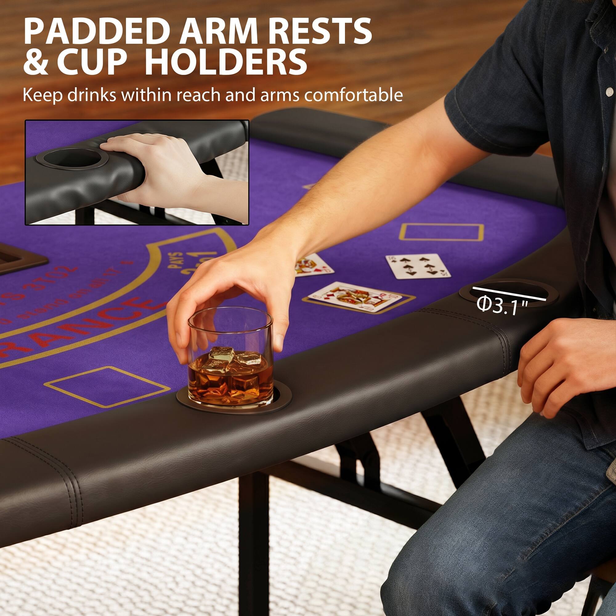 PADDED ARM RESTS & CUP HOLDERS  
Keep drinks within reach and arms comfortable  

17 658 PAYS S 3T02 on all RANCE A stand  

3.1"