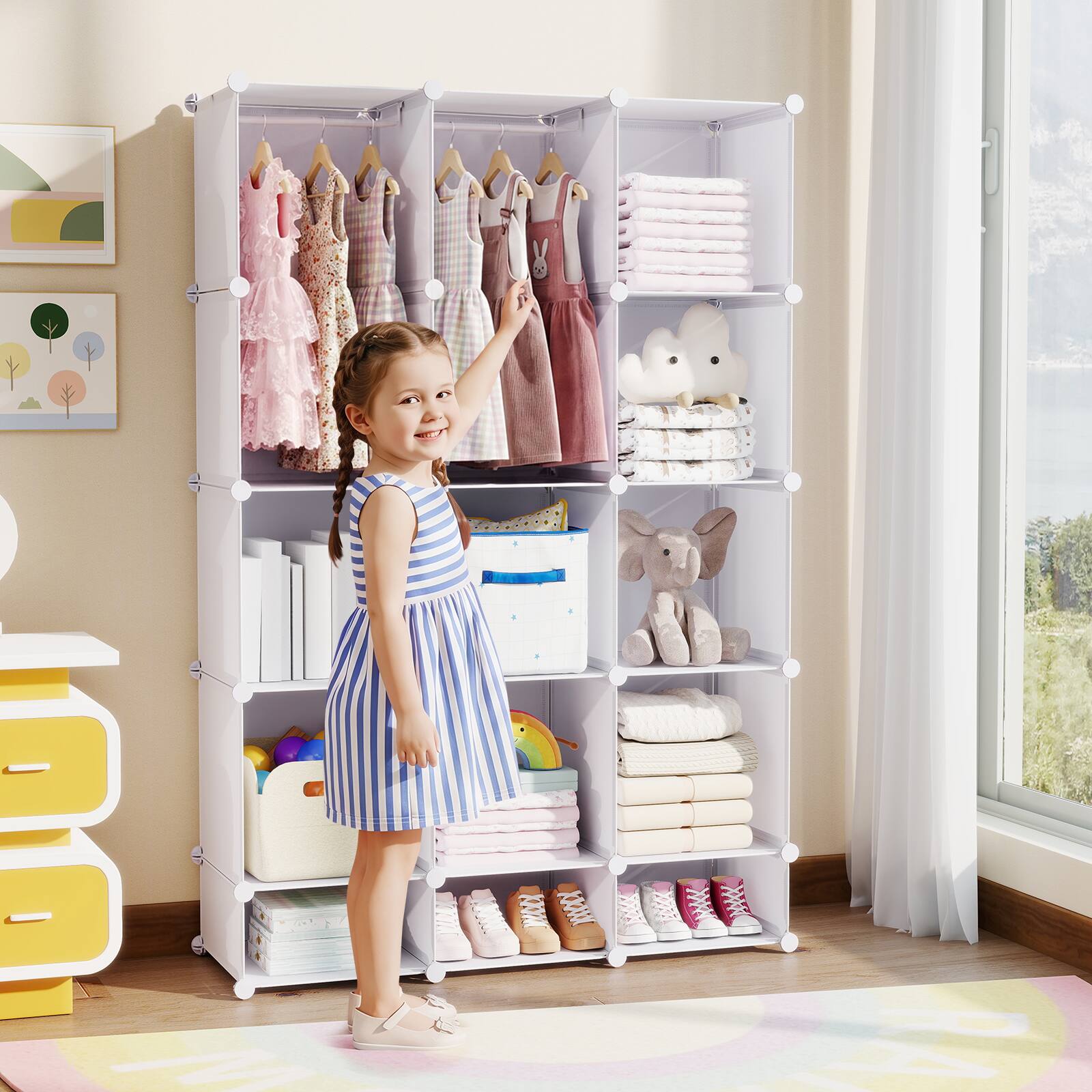 Alt View 1. Costway - Costway 13-Cube Modular Baby Wardrobe Closet with Hanging Rods & Open Shelves for Clothes - White.