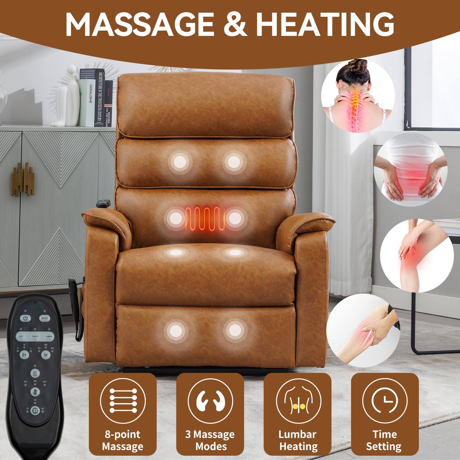 MASSAGE & HEATING

8-point Massage  
3 Massage Modes  
Lumbar Heating  
Time Setting
